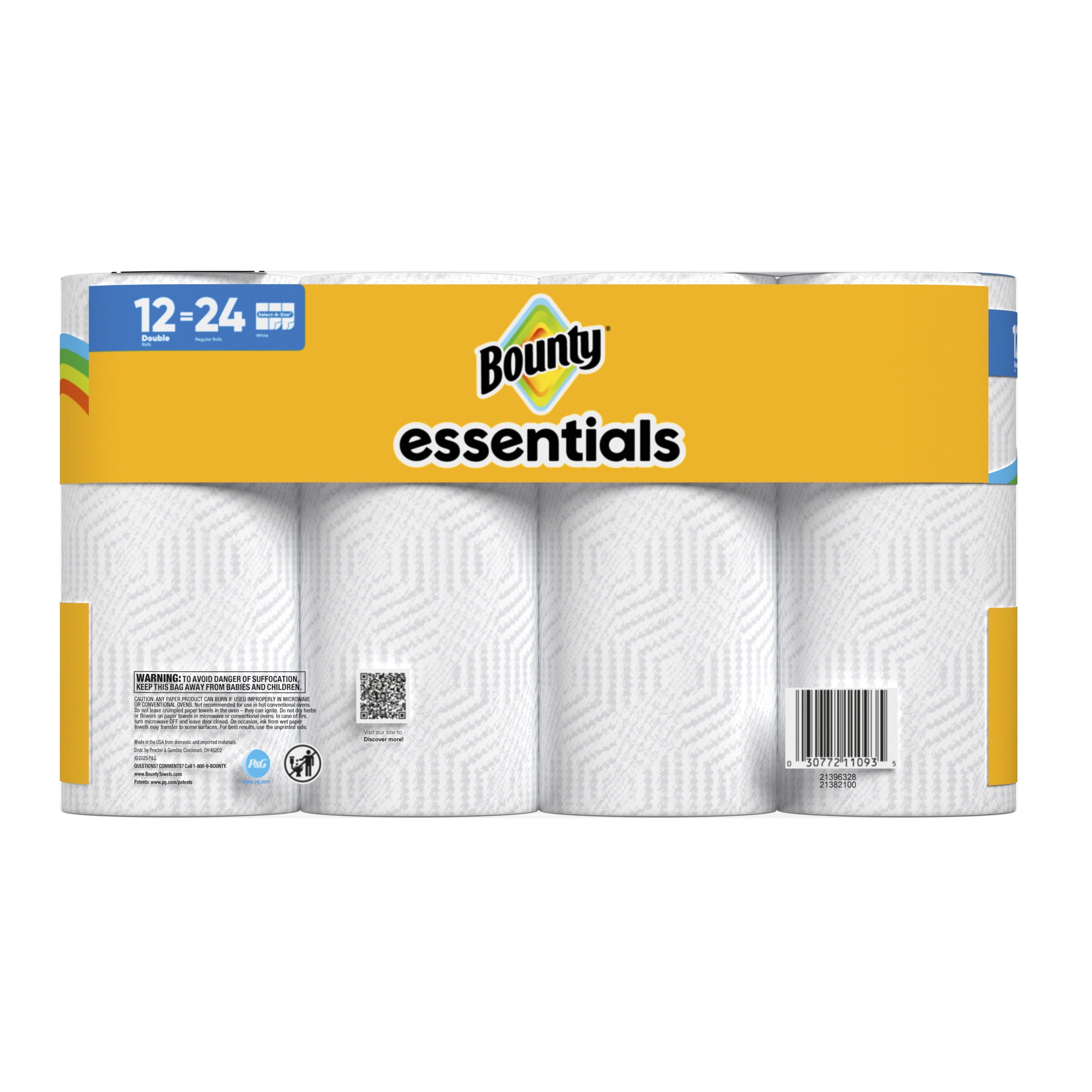 Bounty Essentials Paper Towels Select-A-Size 6 Double Rolls, White, 108 Sheets Per Roll