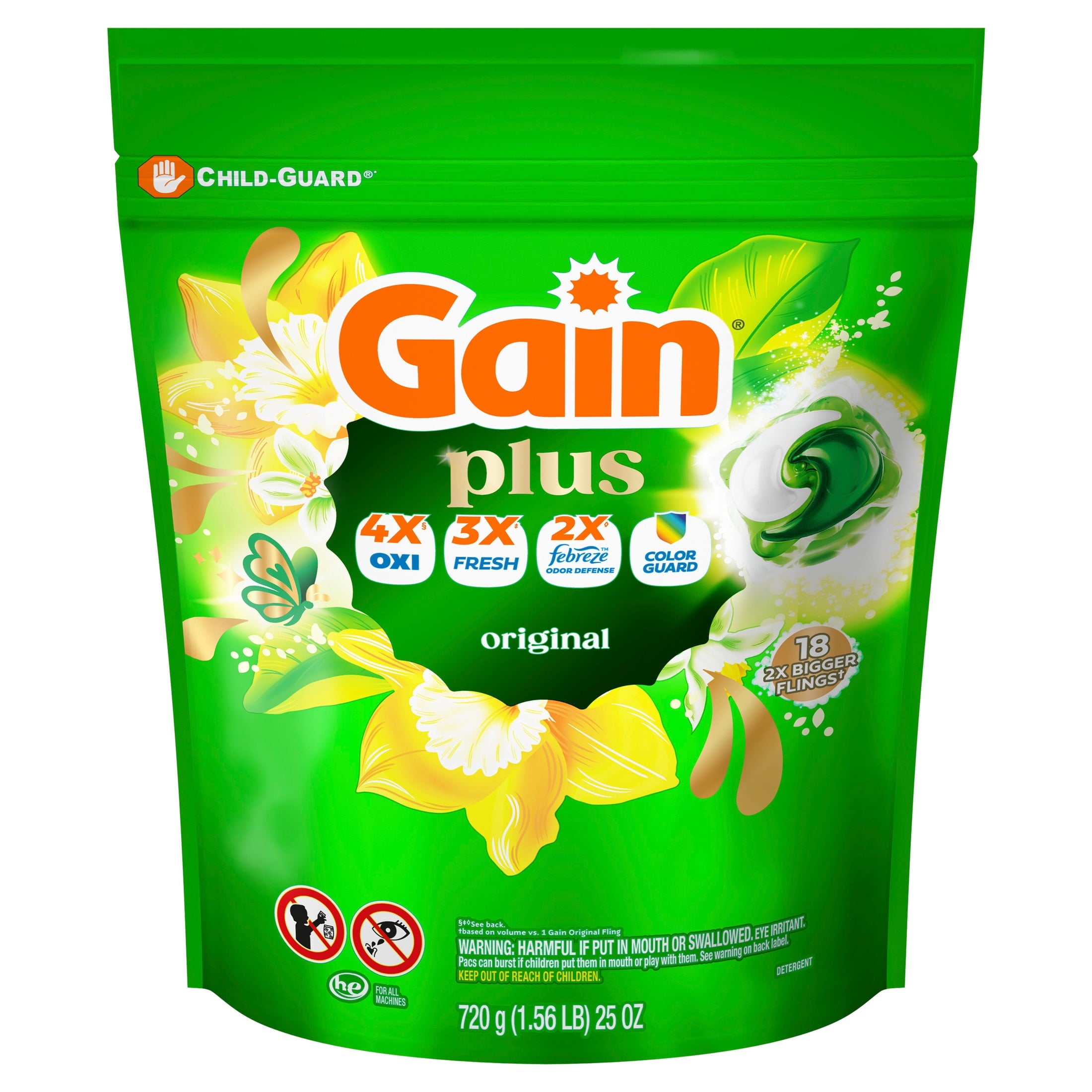 Gain Plus Flings Laundry Detergent Liquid Washing Pacs, Gain's Best All-In-One Clean, Original Scent, 18 Count