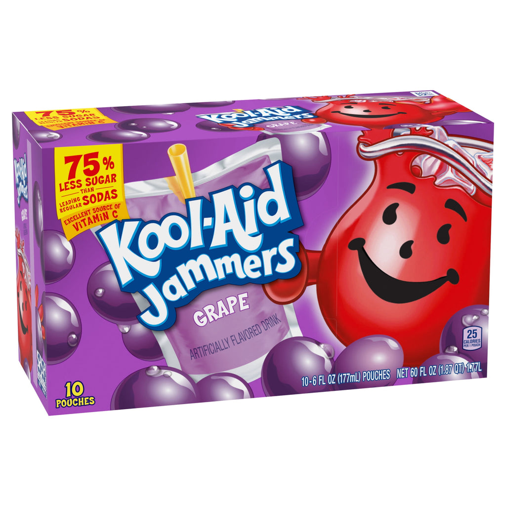 Kool-Aid Jammers Artificially Flavored Drink, 10 Pouches, for School Lunches and On-the-Go Hydration, Grape Flavor, Excellent Source of Vitamin C, 6 fl oz