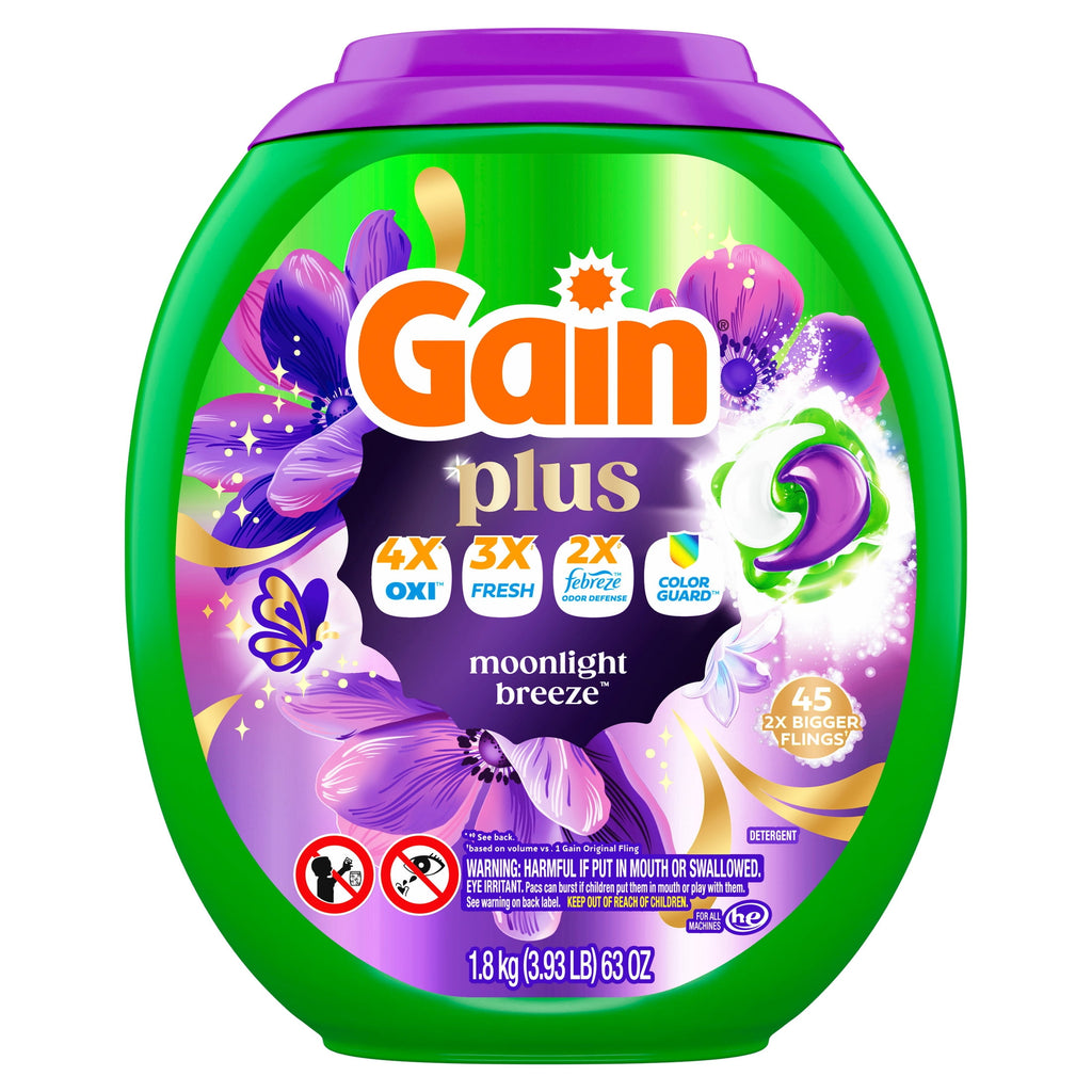 Gain Plus Flings Laundry Detergent Liquid Washing Pacs, Gain's Best All-In-One Clean, Moonlight Breeze Scent, 45 Count