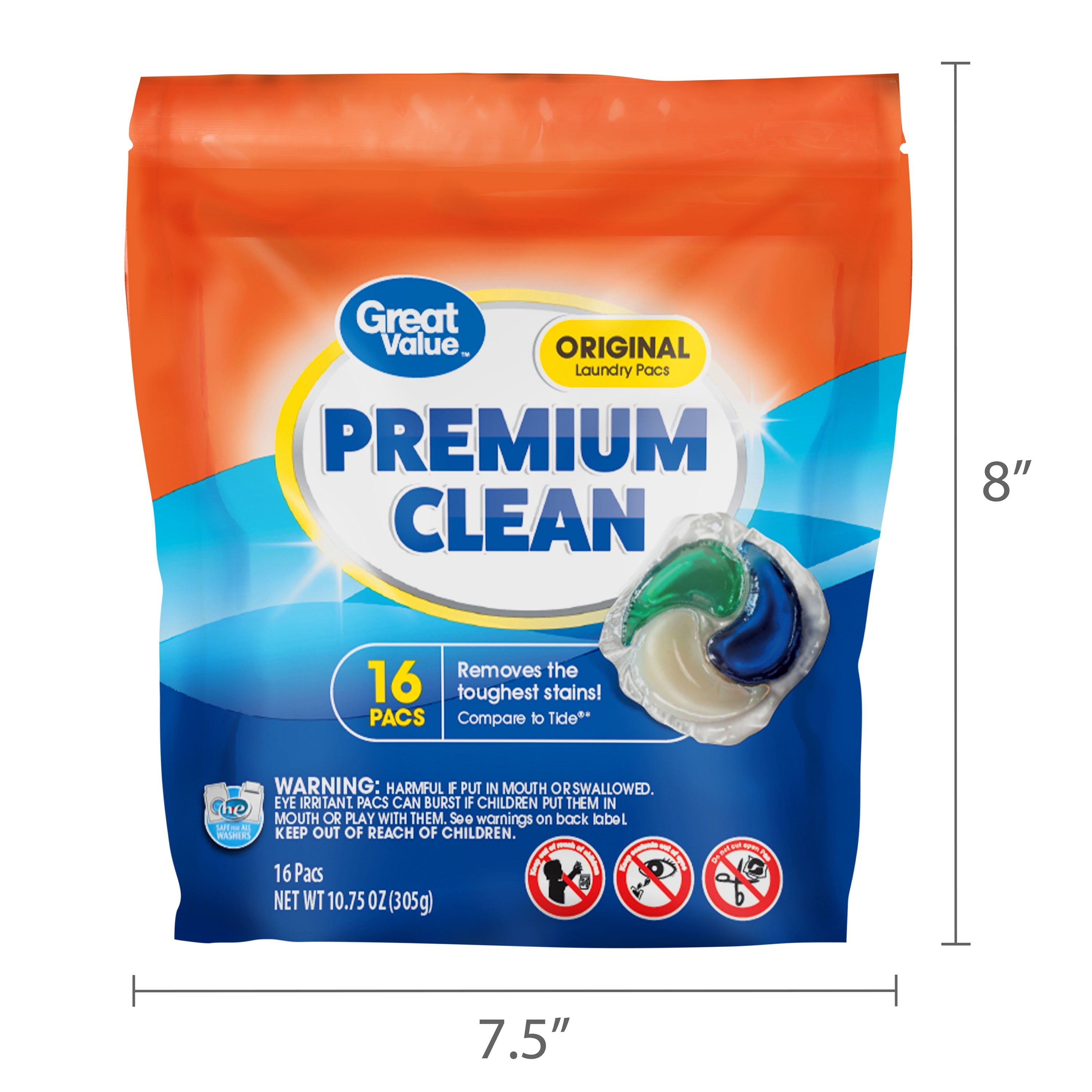 Great Value Premium Clean Laundry Pacs Original Scent, 16 Count