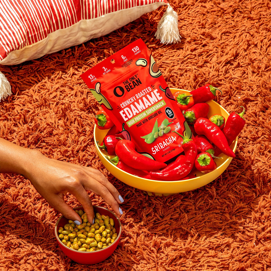 The Only Bean Crunchy Roasted Edamame Snack (Sriracha), High Protein Snacks (13g) Healthy Protein Chips, Keto Friendly Food (2g Net), Plant-Based Vegan Snacks, Office Snacks, Spicy Snack, 4oz 3 Pack
