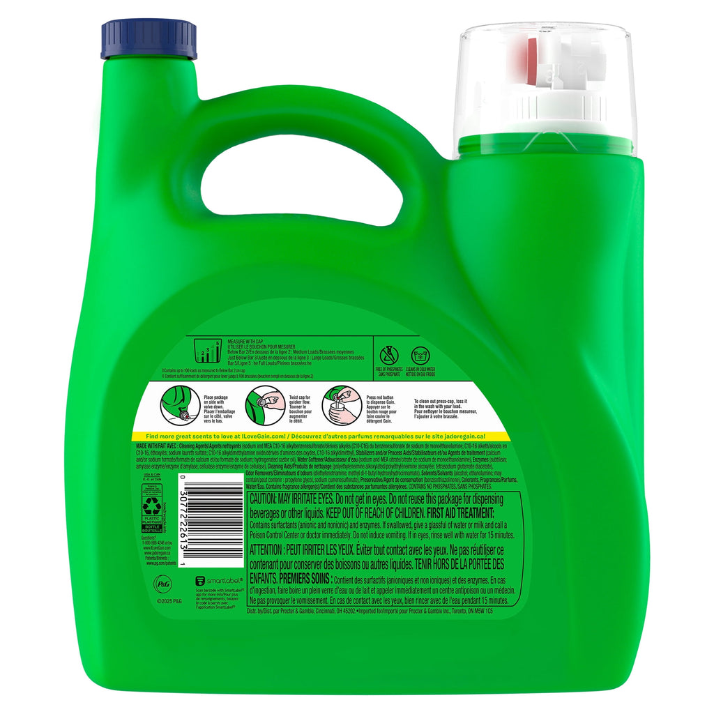 Gain Laundry Detergent Liquid, Now with Odor Defense, Waterfall Delight Scent, 132 fl oz, 100 Loads