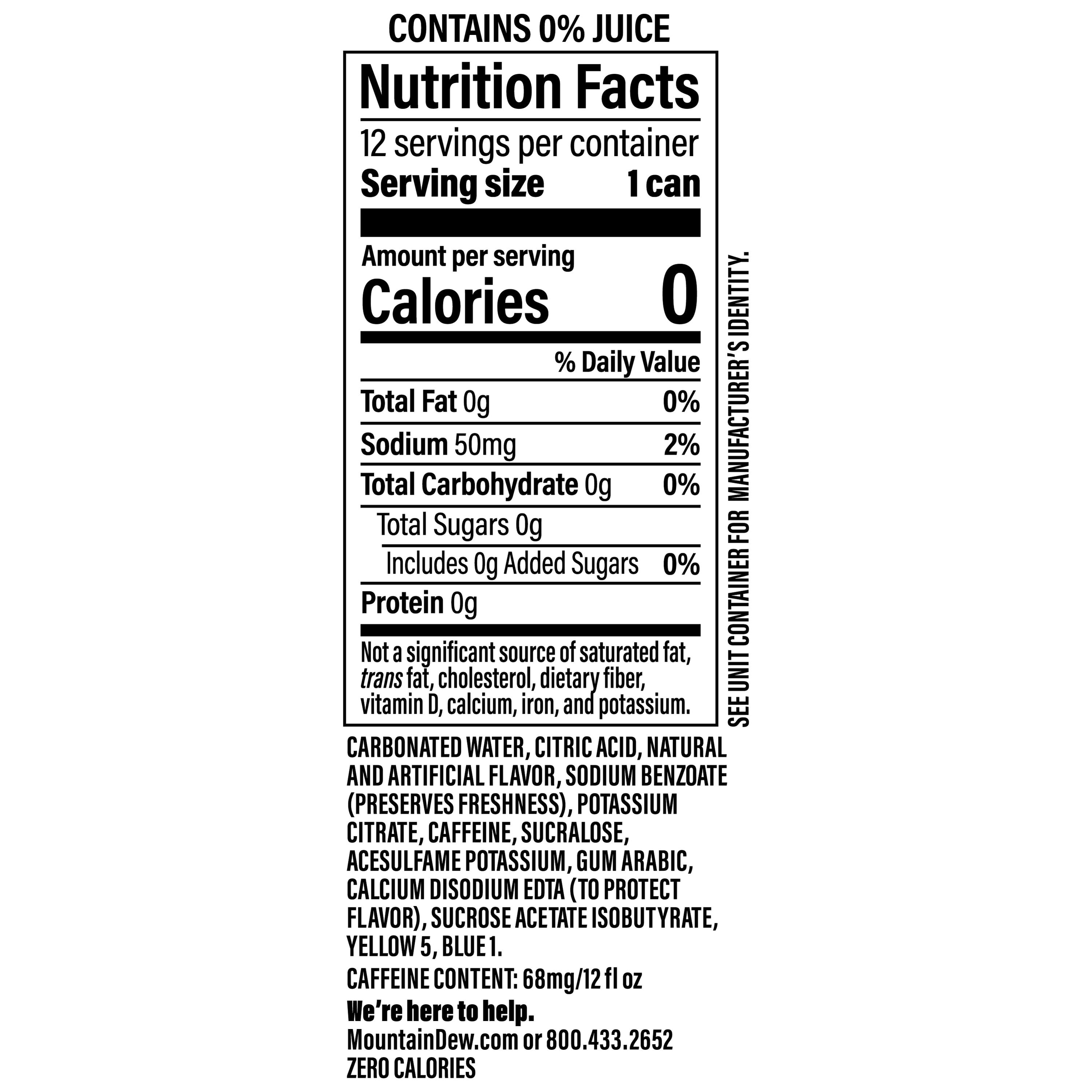 Mountain Dew Zero Sugar Baja Blast Tropical Lime Soda Pop, 12 fl oz, 12 Pack Cans