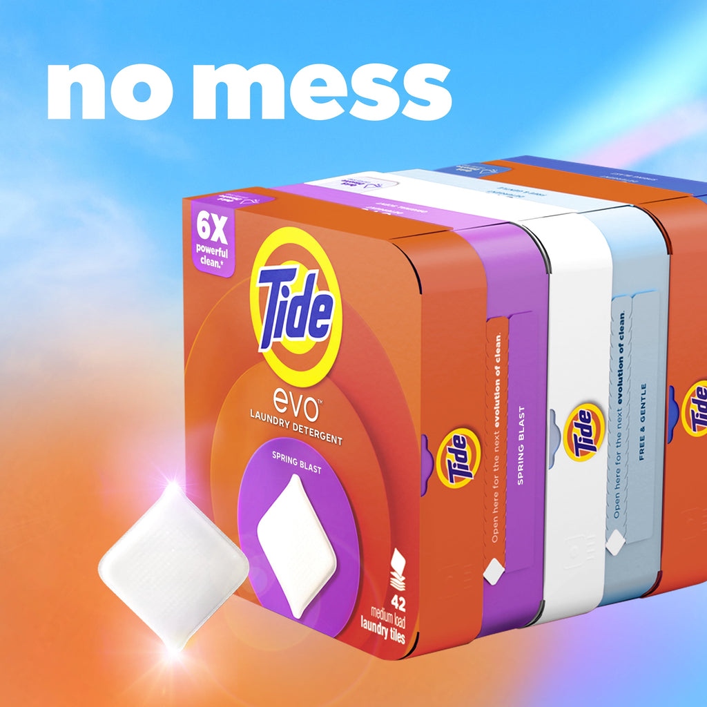 Tide Evo Laundry Detergent Tiles, 100% Concentrated, 6X Cleaning Power, Spring Blast Scent, 16 Count