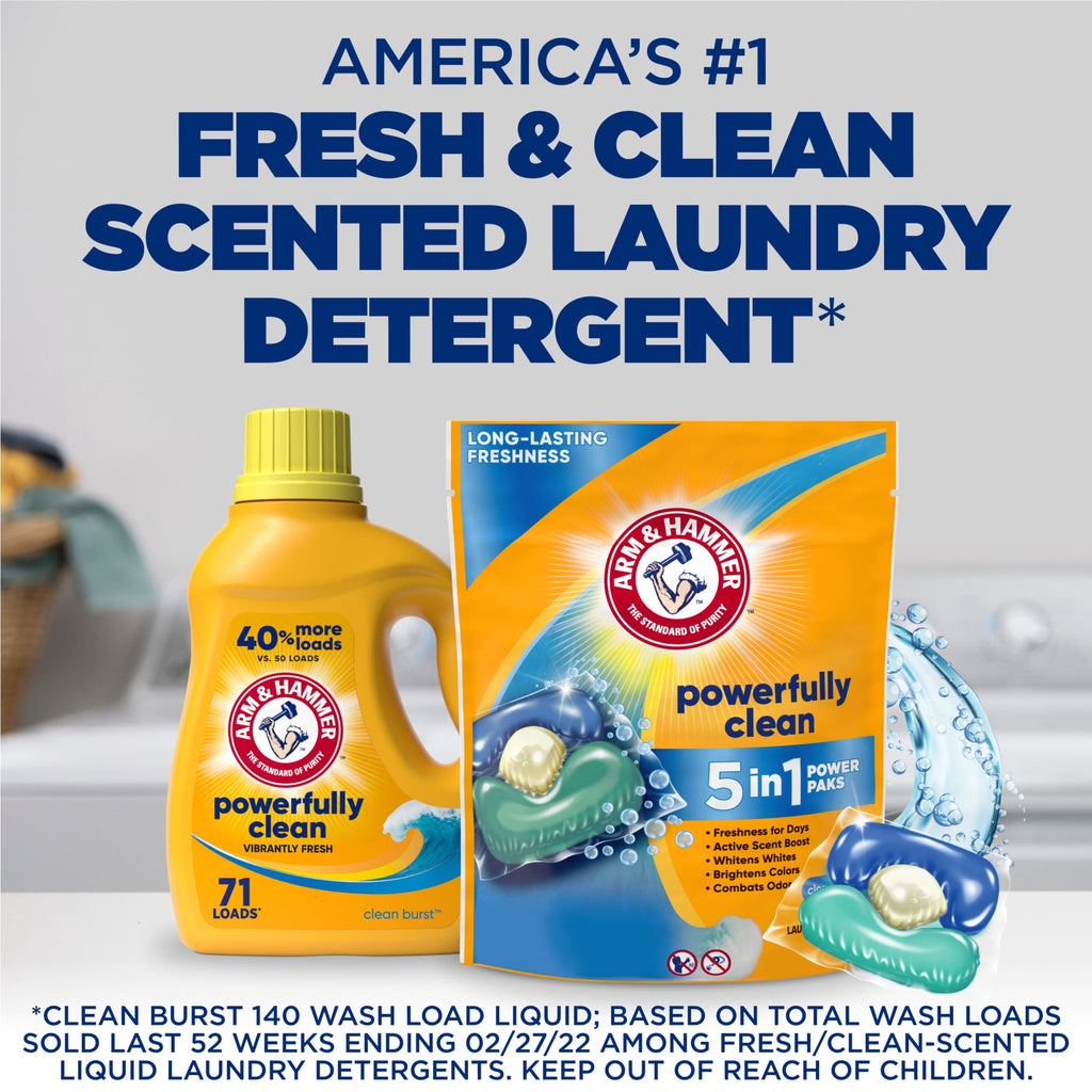 ARM & HAMMER Clean Burst 5-in-1 Laundry Detergent Power Paks, Powerfully Clean, Clean Burst Scent, 42 Count