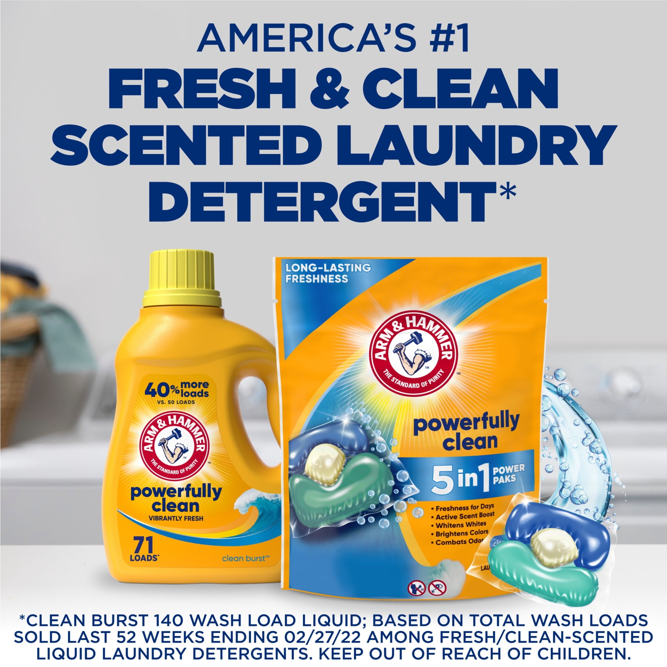 ARM & HAMMER Clean Burst 5-in-1 Laundry Detergent Power Paks, Powerfully Clean, Clean Burst Scent, 42 Count