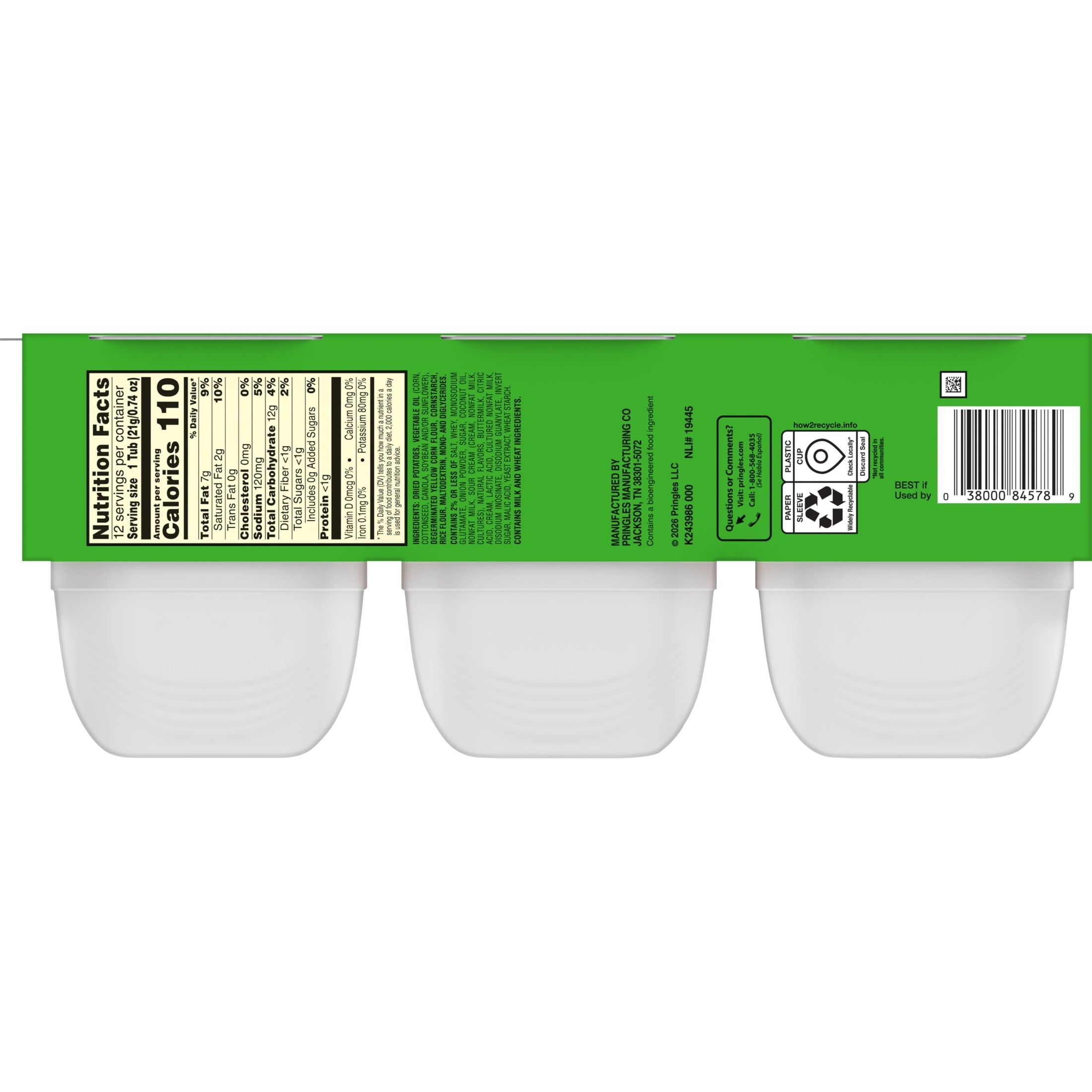 Pringles Potato Crisps Chips, Lunch Snacks, Snack Cups, Sour Cream and Onion, 8.8oz Tray (12 Cups)