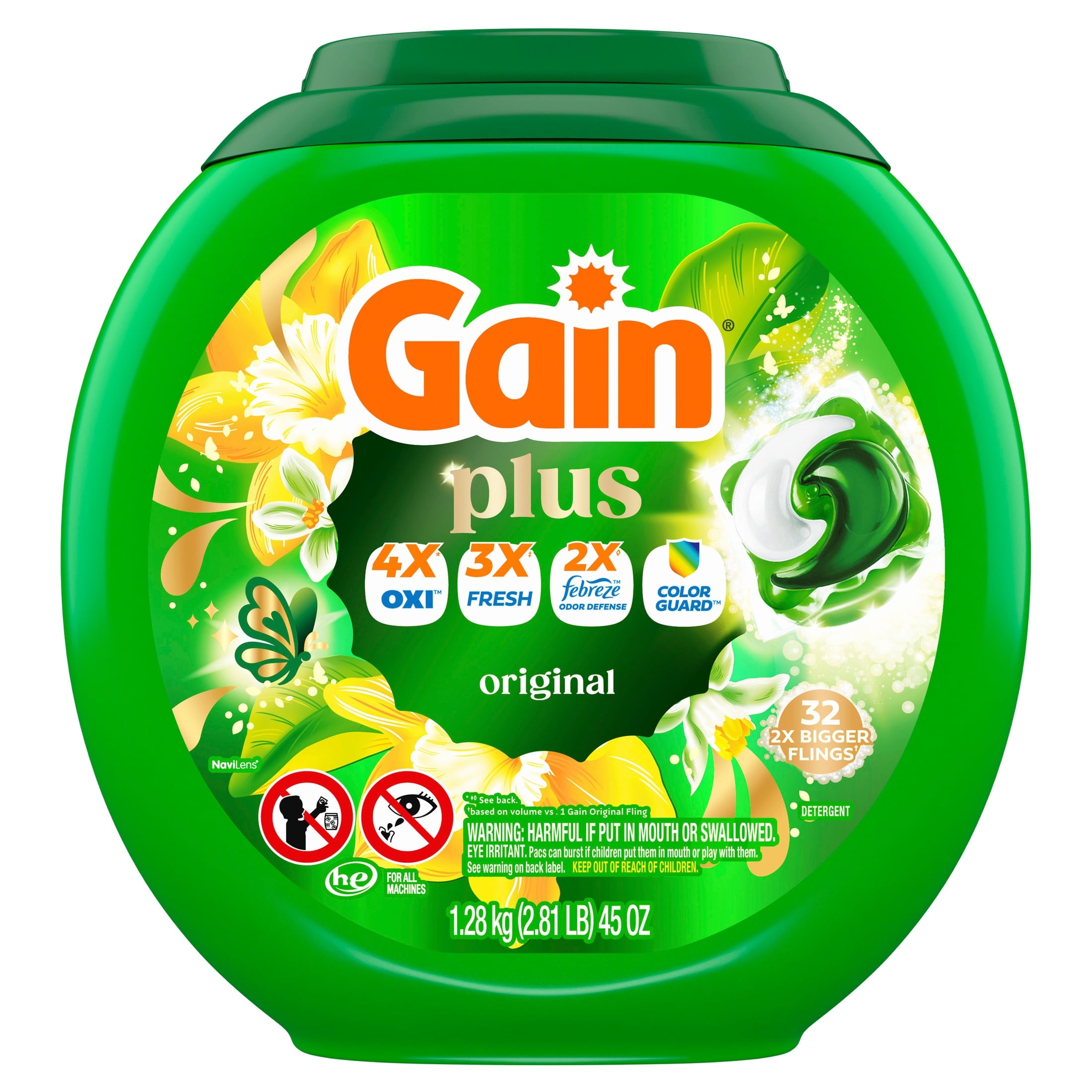 Gain Plus Flings Laundry Detergent Liquid Washing Pacs, Gain's Best All-In-One Clean, Original Scent, 32 Count