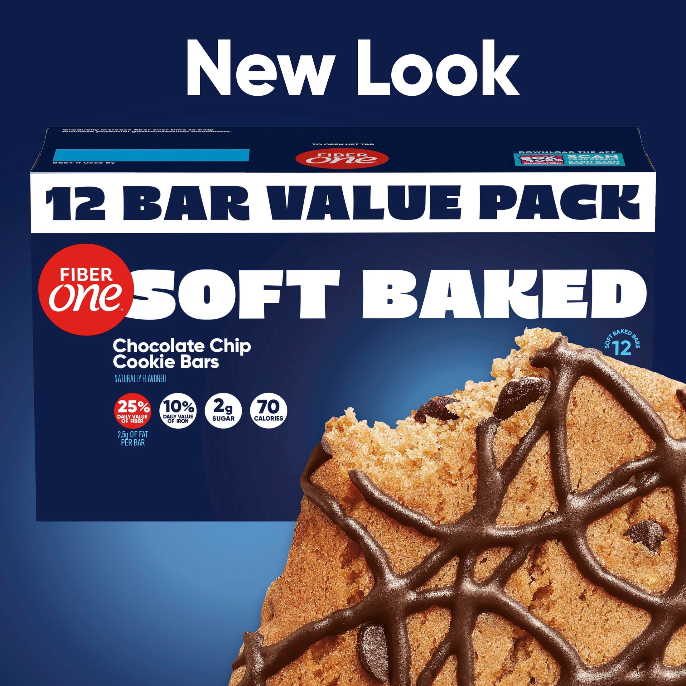 Fiber One Soft Baked Chocolate Chip Cookie Bars, Fiber Snacks, Value Pack, 12 Ct, 10.6 oz