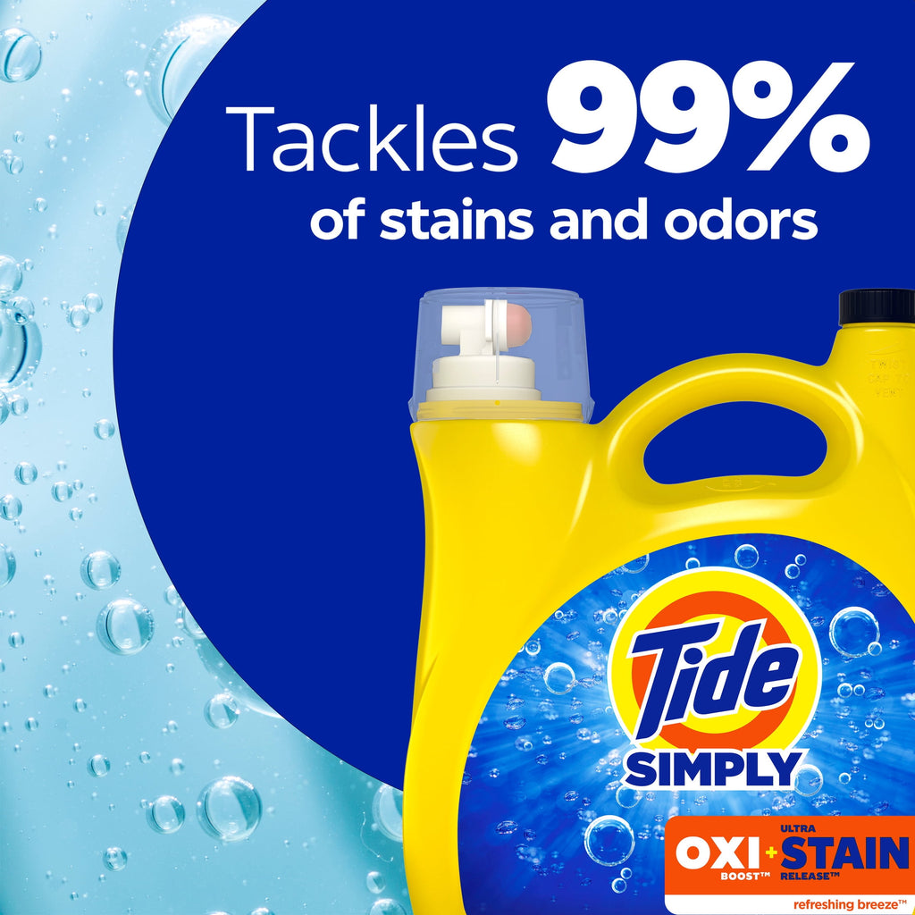 Tide Simply Oxi Boost + Ultra Stain Release Liquid Laundry Detergent, Refreshing Breeze Scent, 105 fl oz, 74 Loads