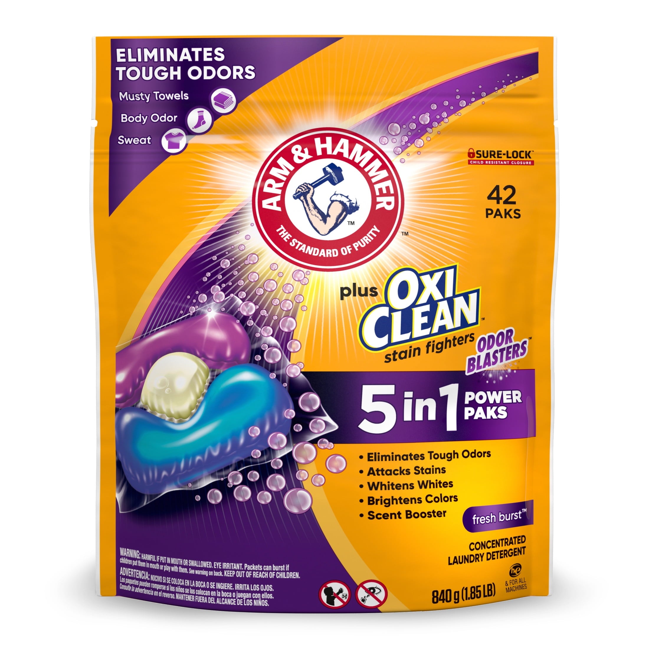 ARM & HAMMER Plus OxiClean Odor Blasters 5-in-1 Laundry Detergent Power Paks, Fresh Burst, 42 Ct