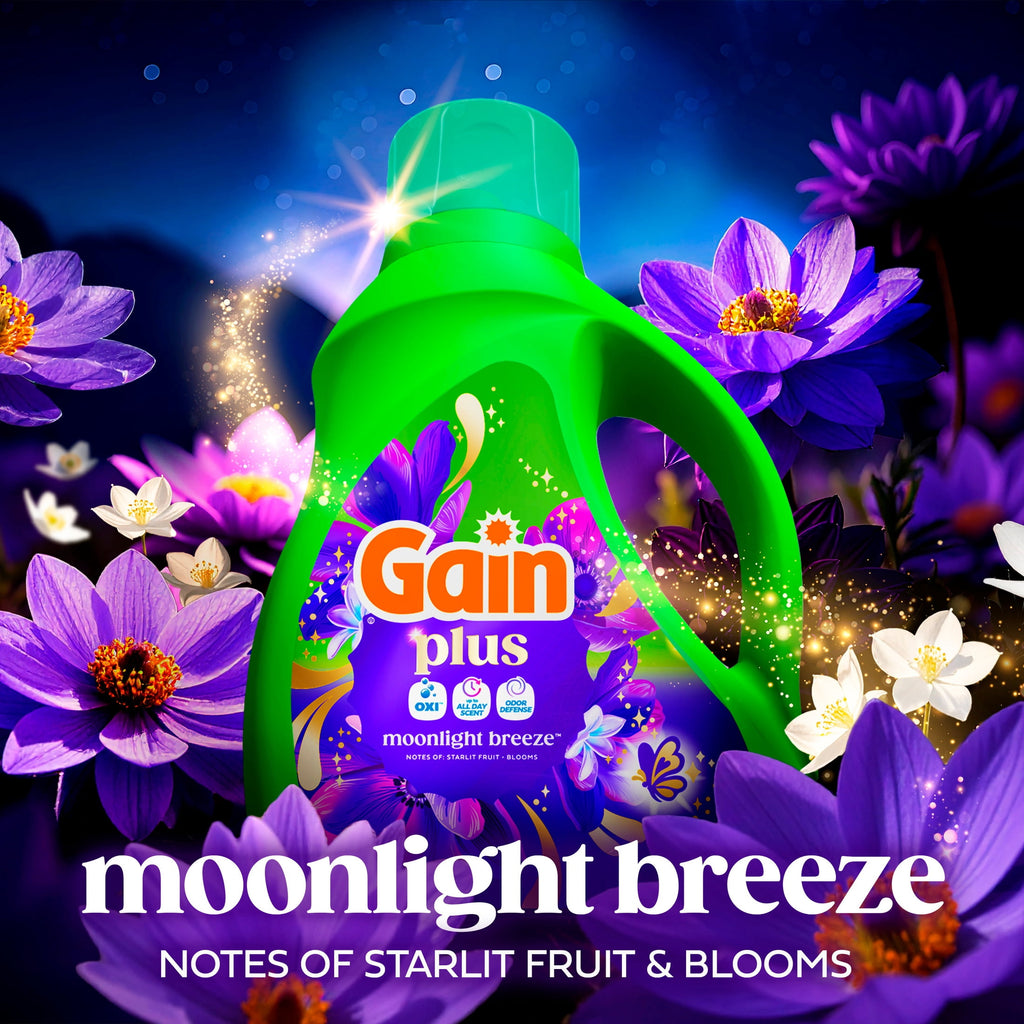 Gain Plus Liquid Laundry Detergent, Now with Odor Defense + OXI, Moonlight Breeze Scent, 99 fl oz, 75 Loads