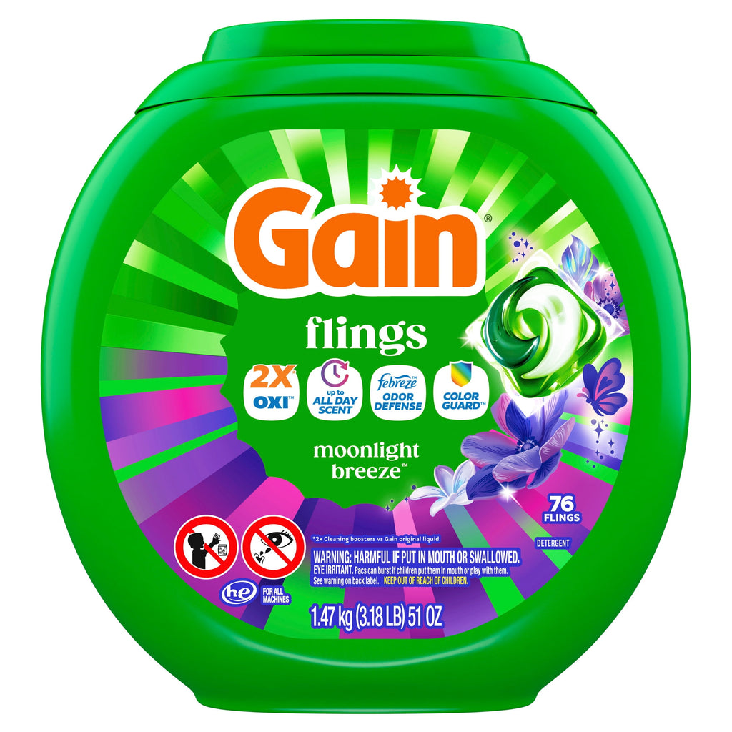 Gain Flings Laundry Detergent Soap Pacs, 4-in-1 Oxi Boost and Febreze, Moonlight Breeze Scent, 76 Count