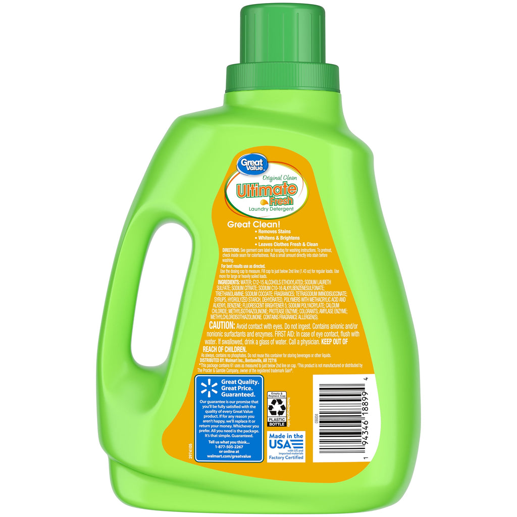 Great Value Ultimate Fresh Laundry Detergent, Original Clean, 88 fl oz, 61 Loads