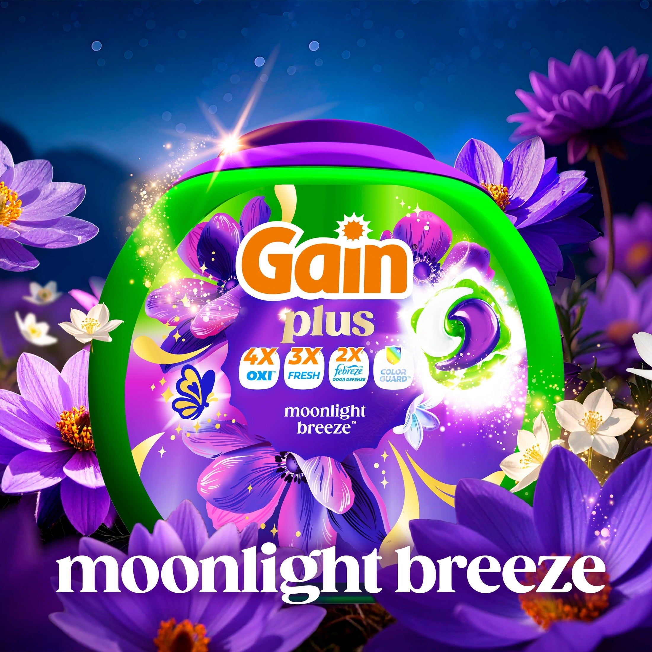 Gain Plus Flings Laundry Detergent Liquid Washing Pacs, Gain's Best All-In-One Clean, Moonlight Breeze Scent, 45 Count