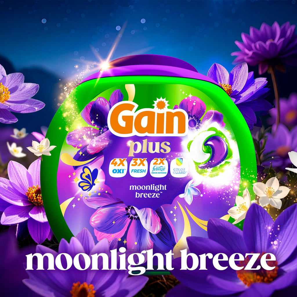 Gain Plus Flings Laundry Detergent Liquid Washing Pacs, Gain's Best All-In-One Clean, Moonlight Breeze Scent, 32 Count