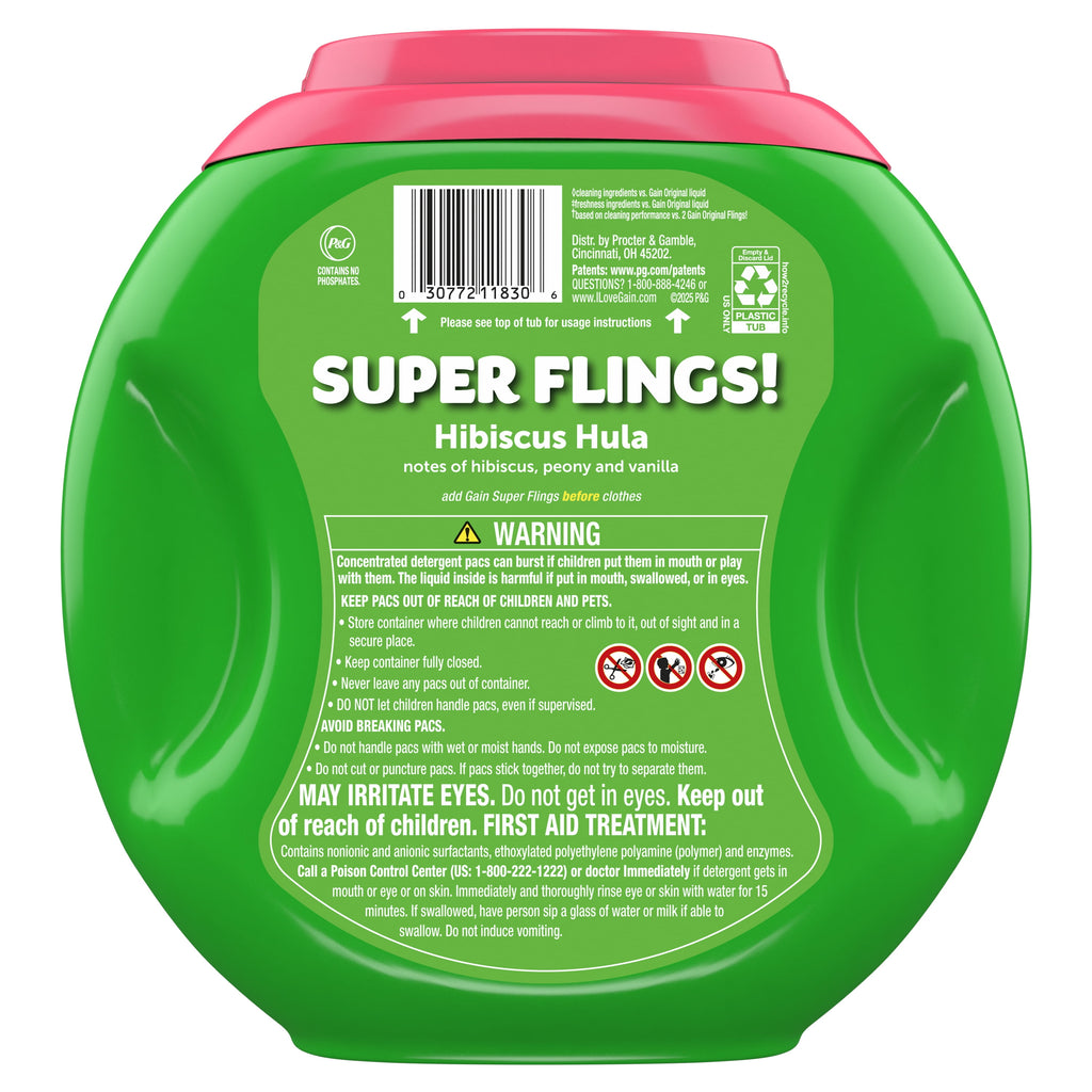 Gain Plus Flings Laundry Detergent Soap Pacs, All-In-One, Happy Hibiscus Scent, 32 Count