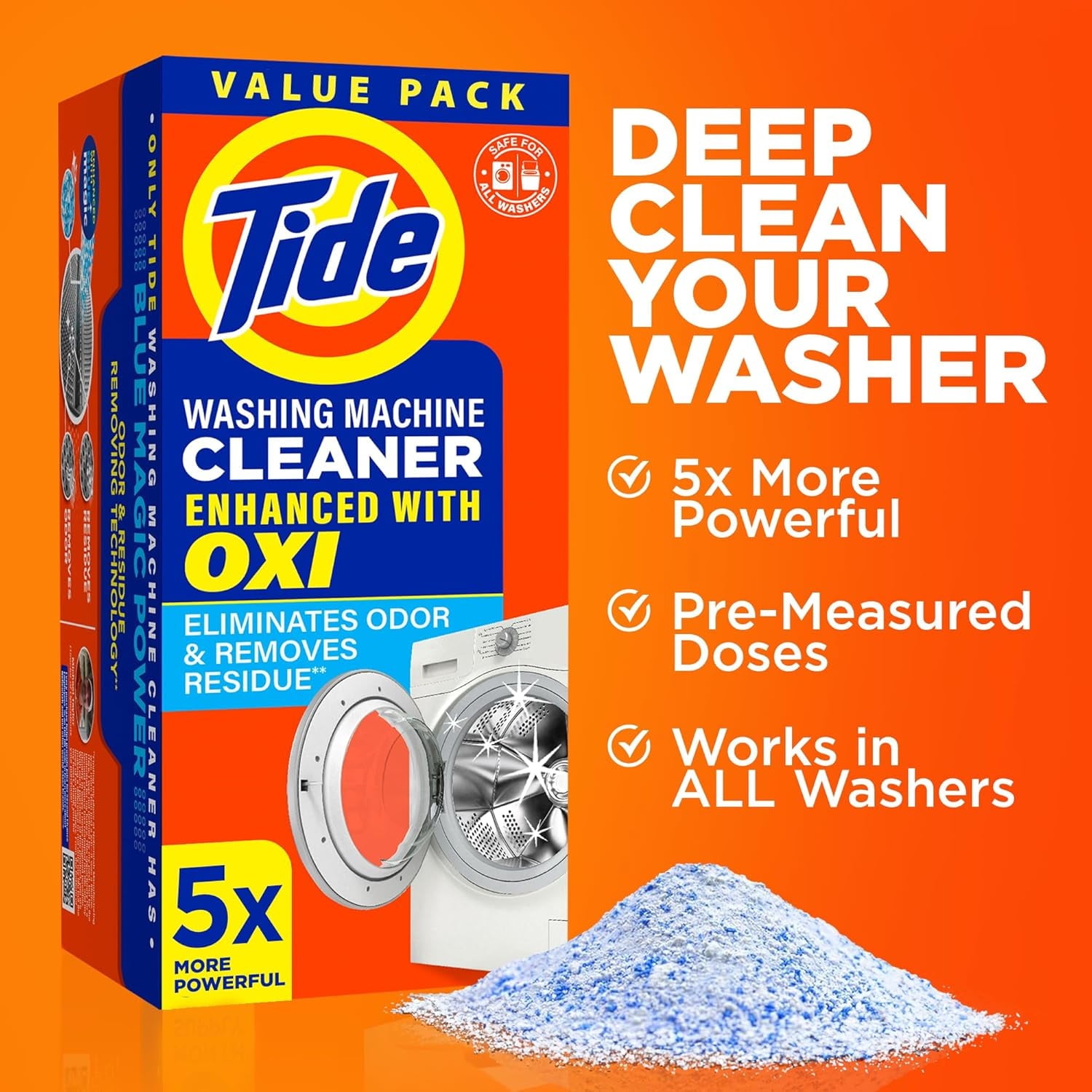 Tide Washing Machine Cleaner with Oxi Powder, Odor Eliminator and Washer Residue Remover, 5 Count