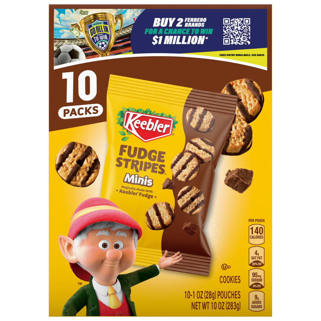 Keebler Fudge Stripes Minis, Original Shortbread Cookies Coated in Keebler Fudge, 10 oz, 10 Count