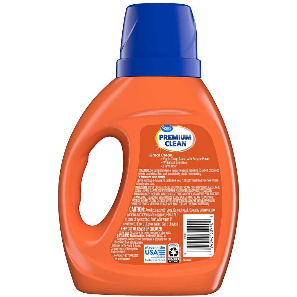 Great Value Premium Clean Original Laundry Detergent 34 fl oz, 25 loads