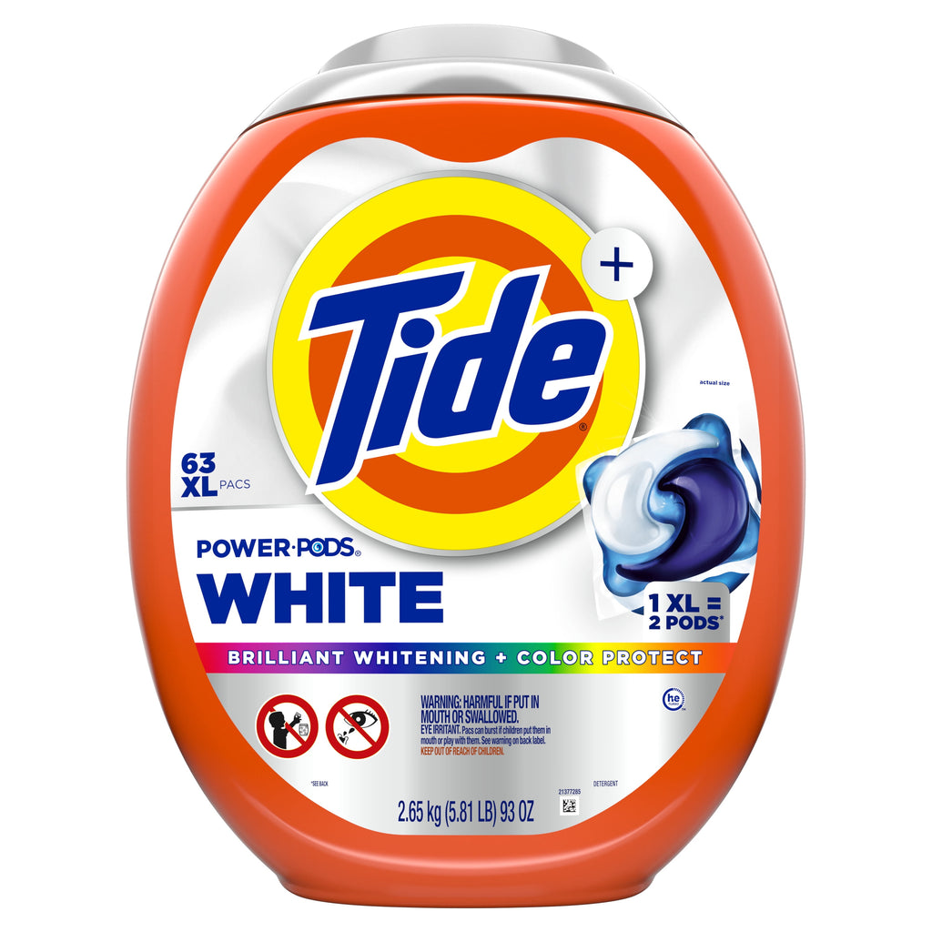 Tide Power PODS White Laundry Detergent Pacs, Brilliant Whitening + Color Protect, 63 Count