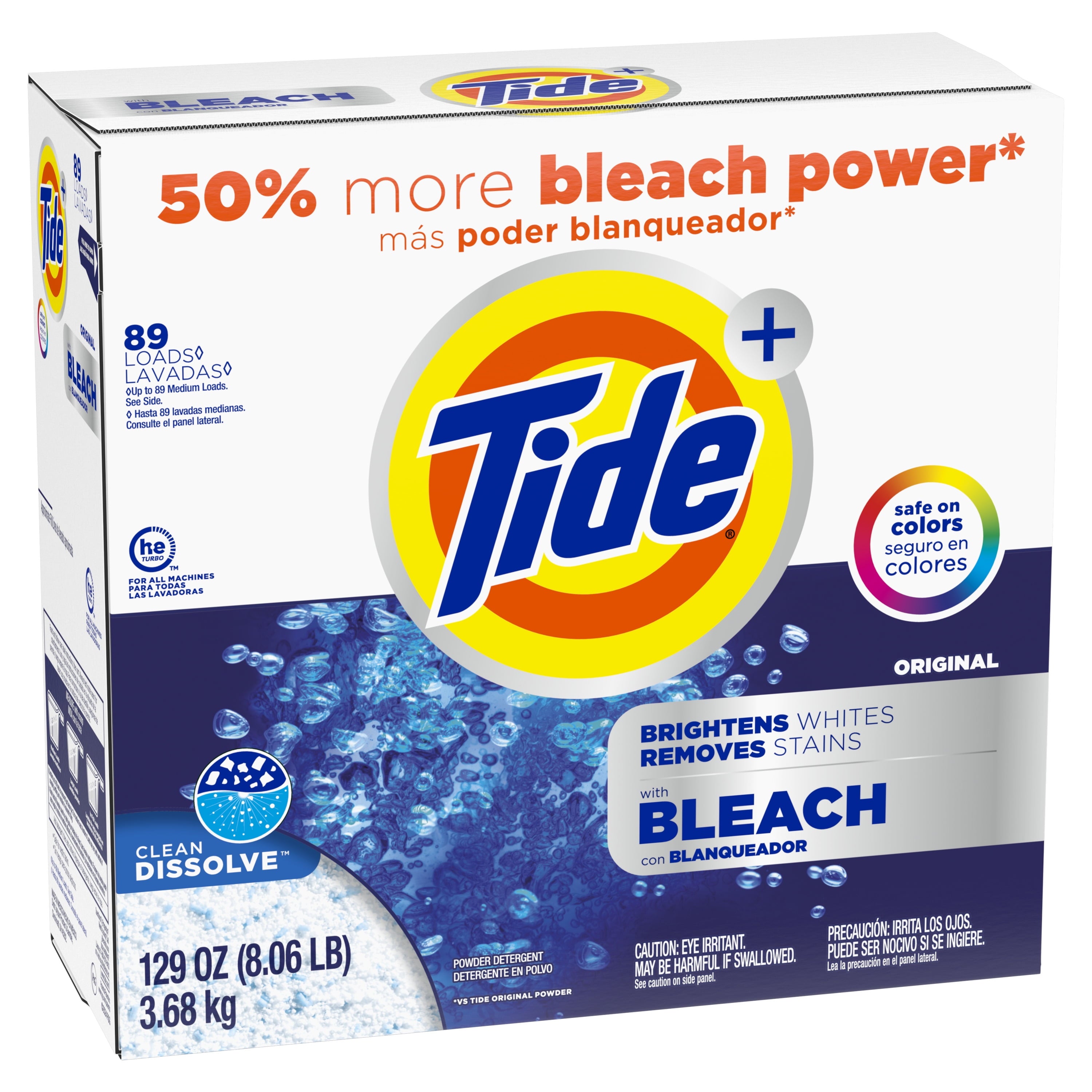 Tide Plus Bleach Powder Laundry Detergent, Original Scent, 129 oz, 89 Loads