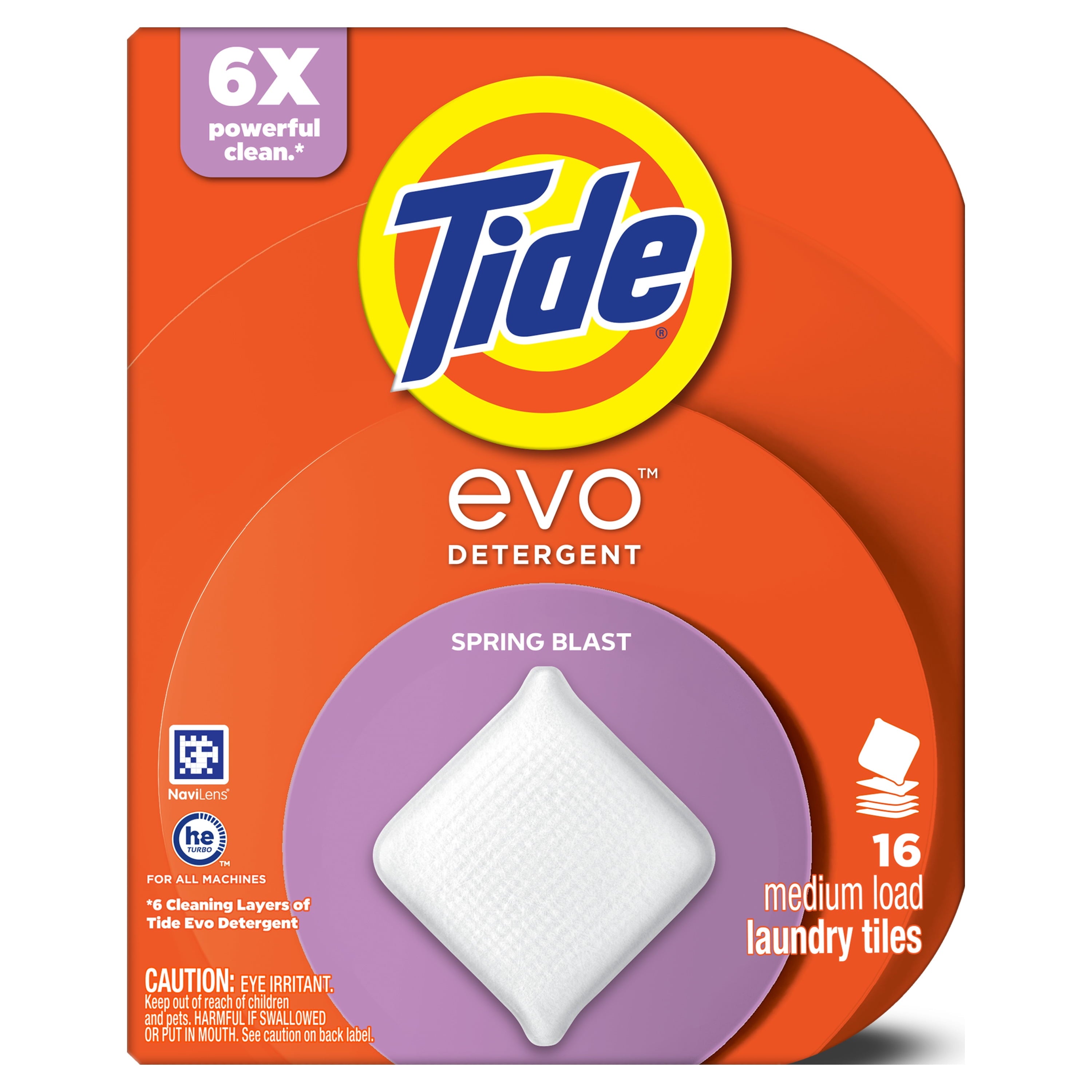 Tide Evo Laundry Detergent Tiles, 100% Concentrated, 6X Cleaning Power, Spring Blast Scent, 16 Count