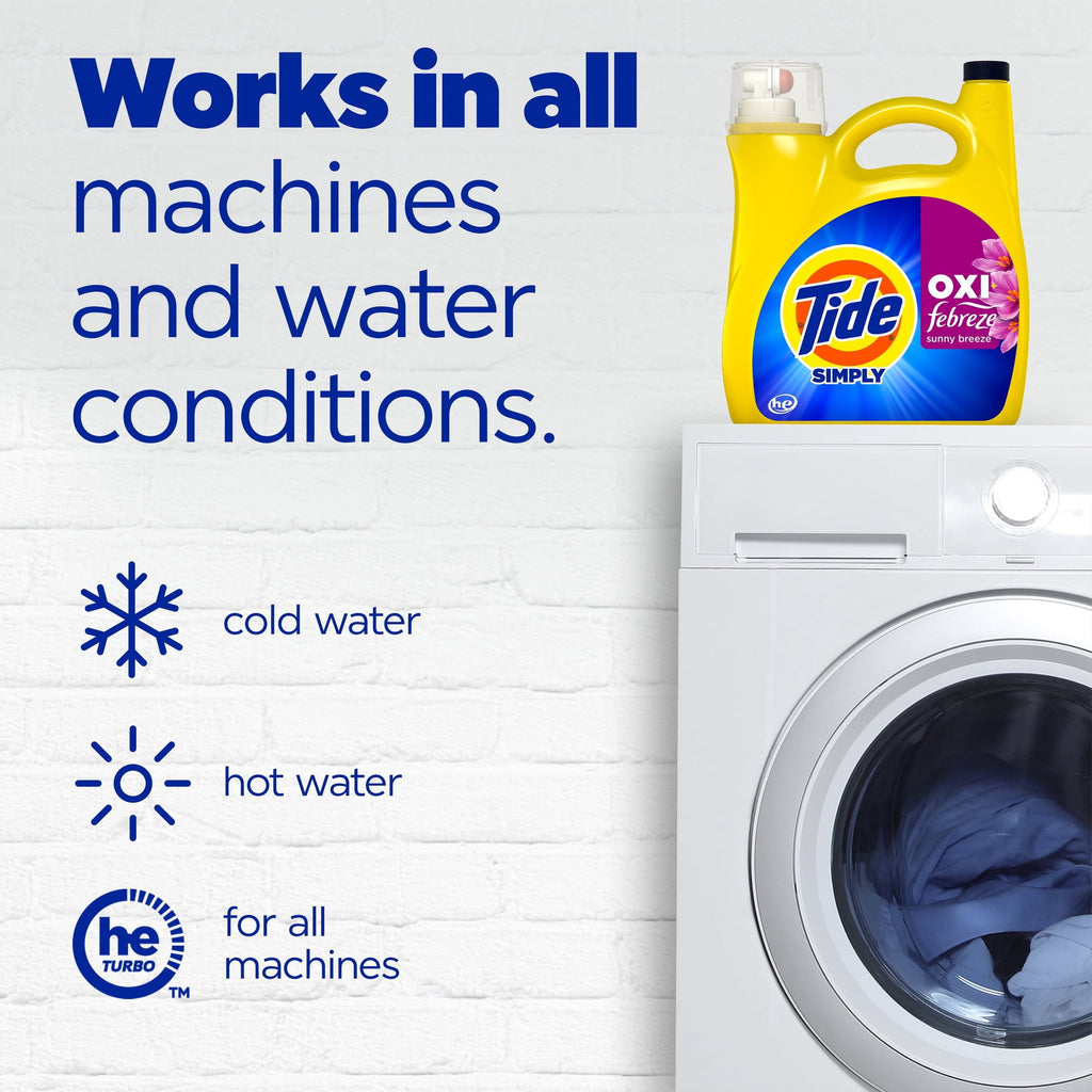 Tide Simply Laundry Detergent Liquid, Oxi Boost + Febreze Odor Defense, Sunny Breeze Scent, 129 fl oz, 96 Loads
