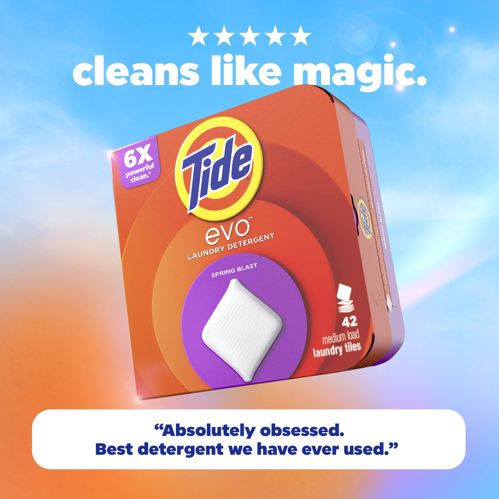 Tide Evo Laundry Detergent Tiles, 100% Concentrated, 6X Cleaning Power, Spring Blast Scent, 16 Count