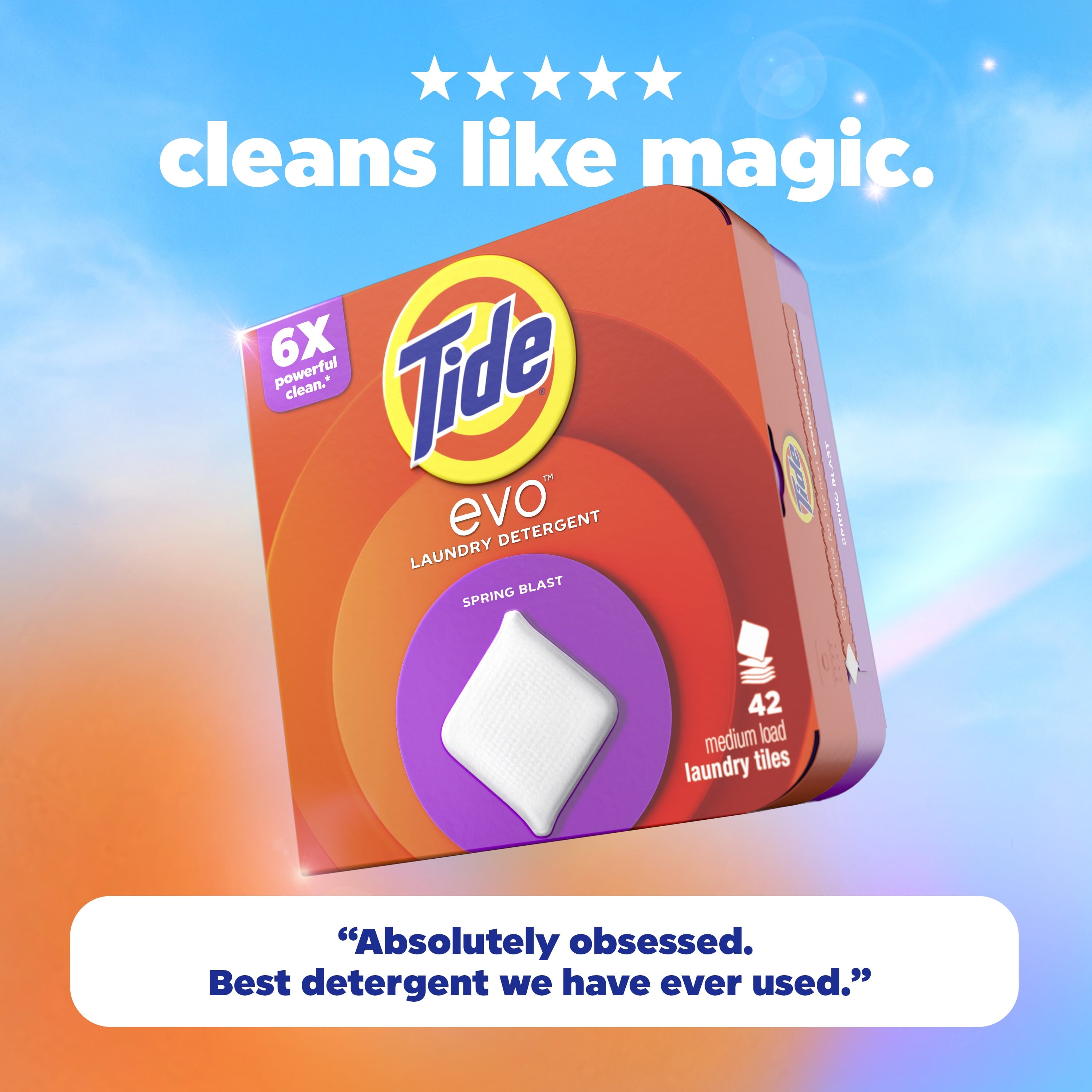 Tide Evo Laundry Detergent Tiles, 100% Concentrated, 6X Cleaning Power, Spring Blast Scent, 16 Count