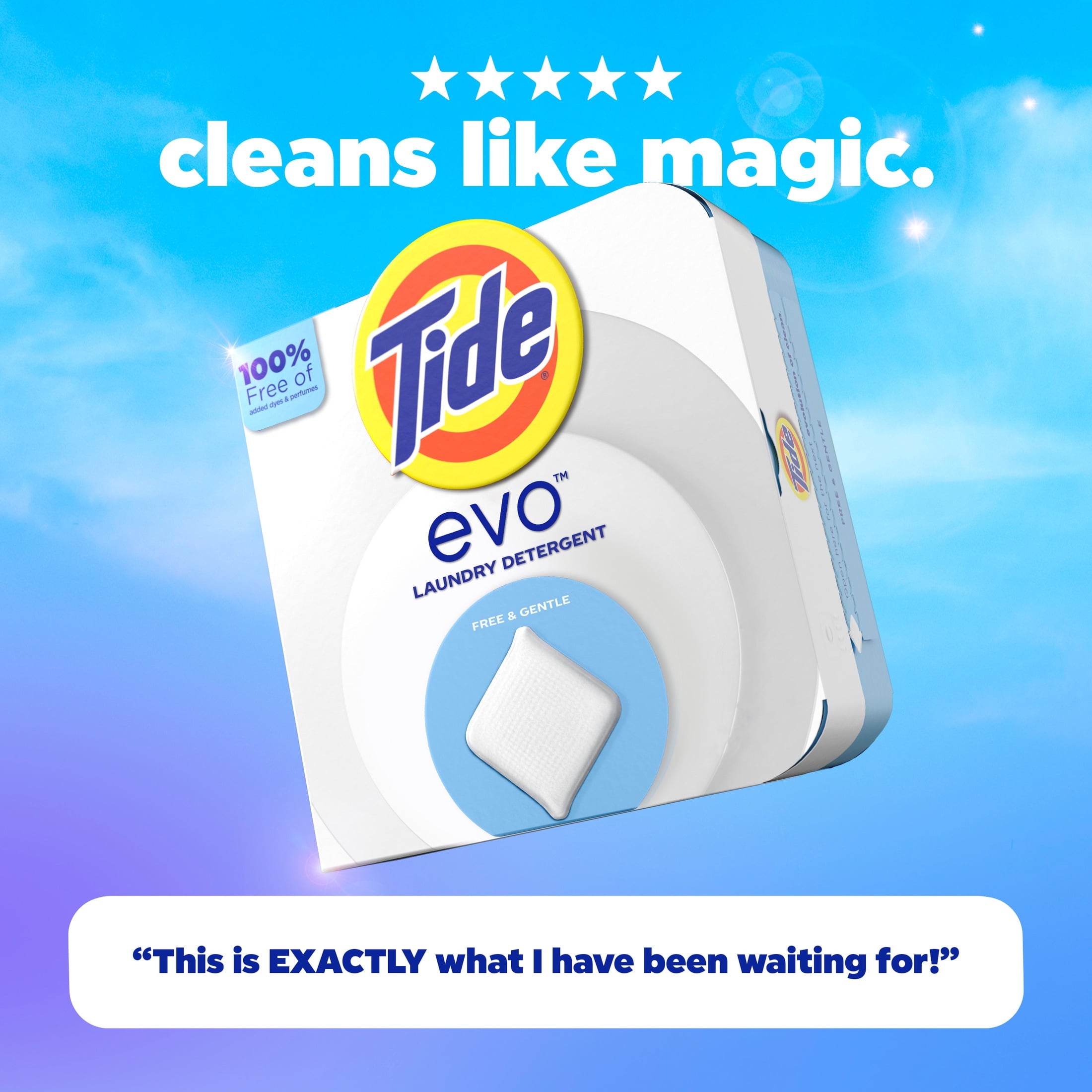 Tide Evo Free & Gentle Laundry Detergent Tiles, Works on 100% of Common Stains, Unscented, 16 Count