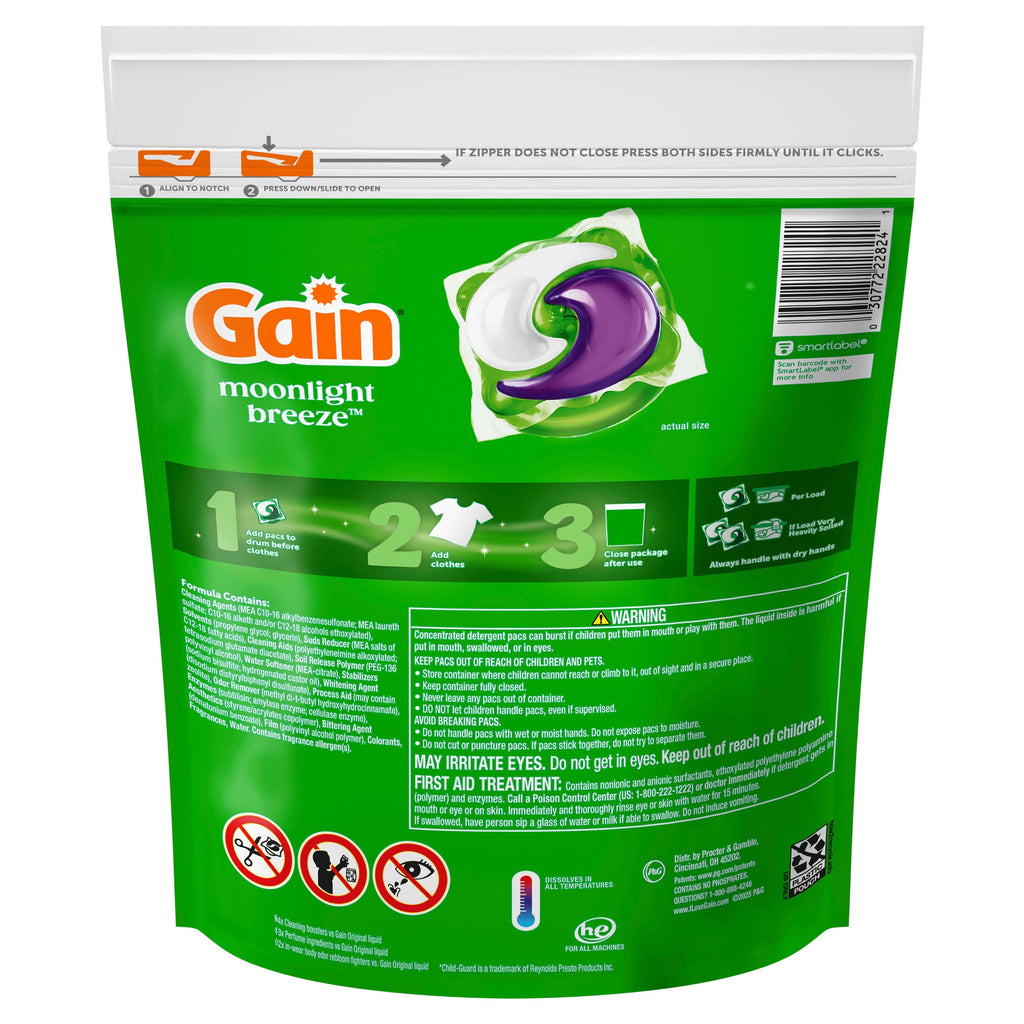 Gain Plus Flings Laundry Detergent Liquid Washing Pacs, Gain's Best All-In-One Clean, Moonlight Breeze Scent, 18 Count