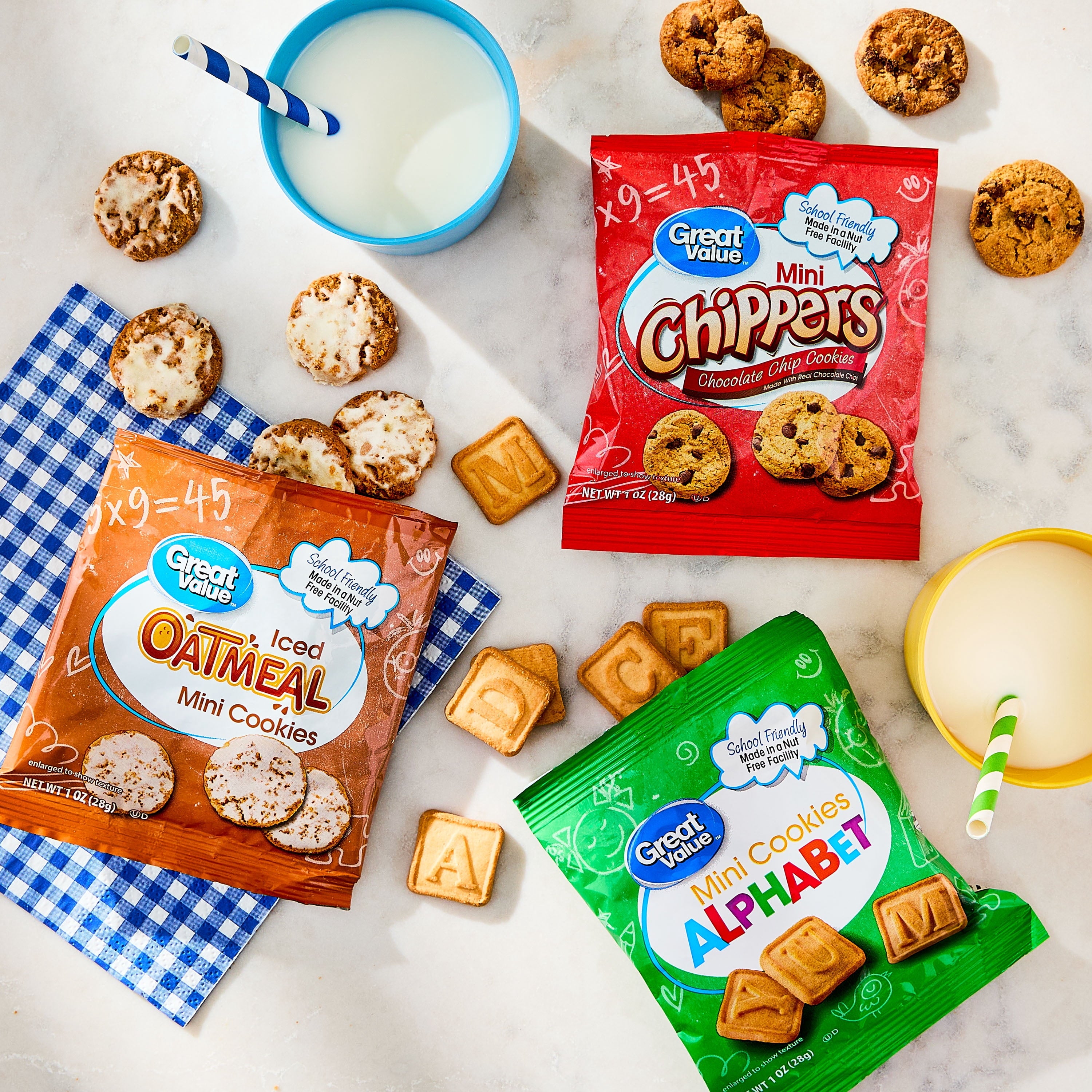 Great Value Mini Alphabet, Chippers & Oatmeal Cookies Variety Pack, 1 oz, 30 Snack Packs