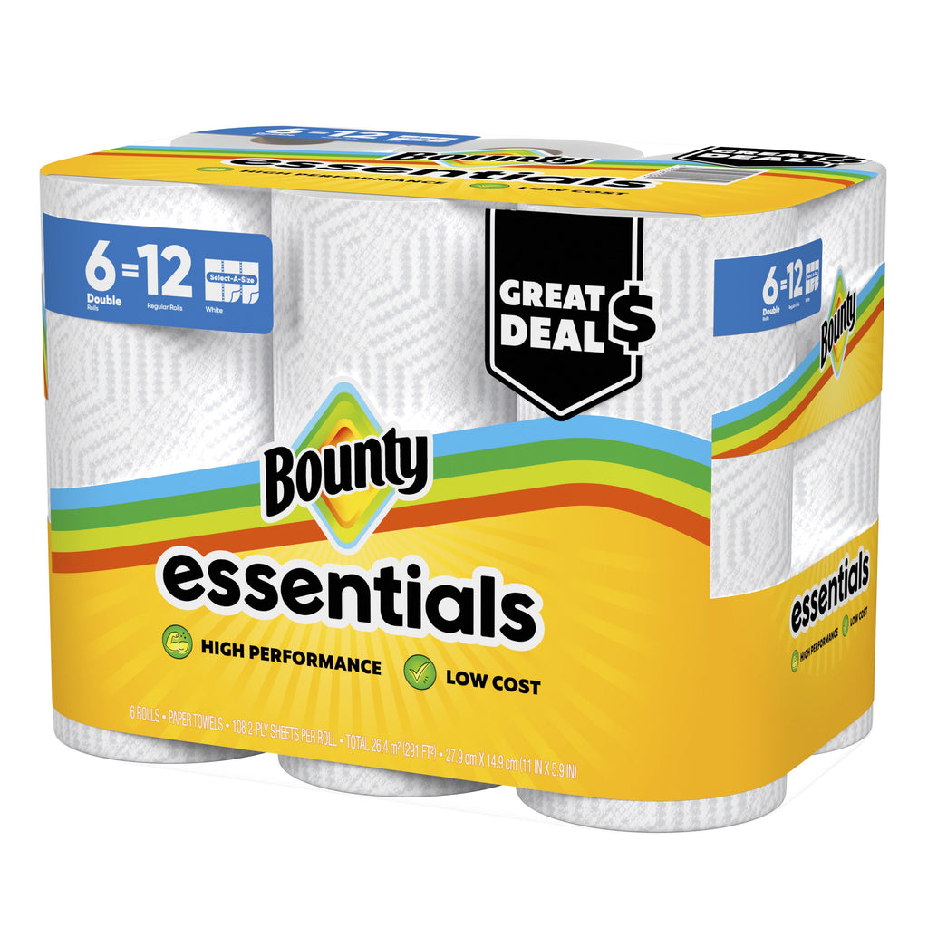 Bounty Essentials Paper Towels Select-A-Size 6 Double Rolls, White, 108 Sheets Per Roll