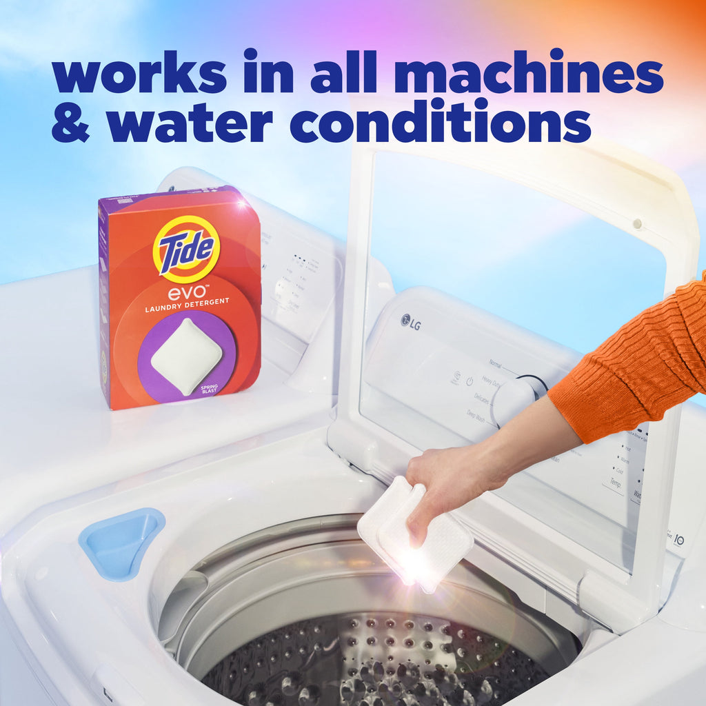 Tide Evo Laundry Detergent Tiles, 100% Concentrated, 6X Cleaning Power, Spring Blast Scent, 16 Count