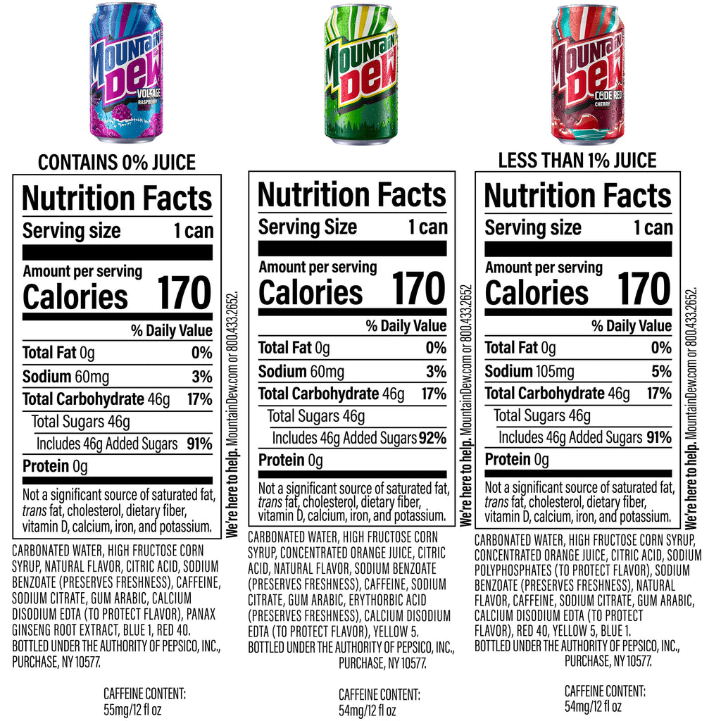 Mountain Dew Flavored Soda Pop Variety Pack, Original, Code Red, Voltage, 12 Ounce Cans, 18 Count