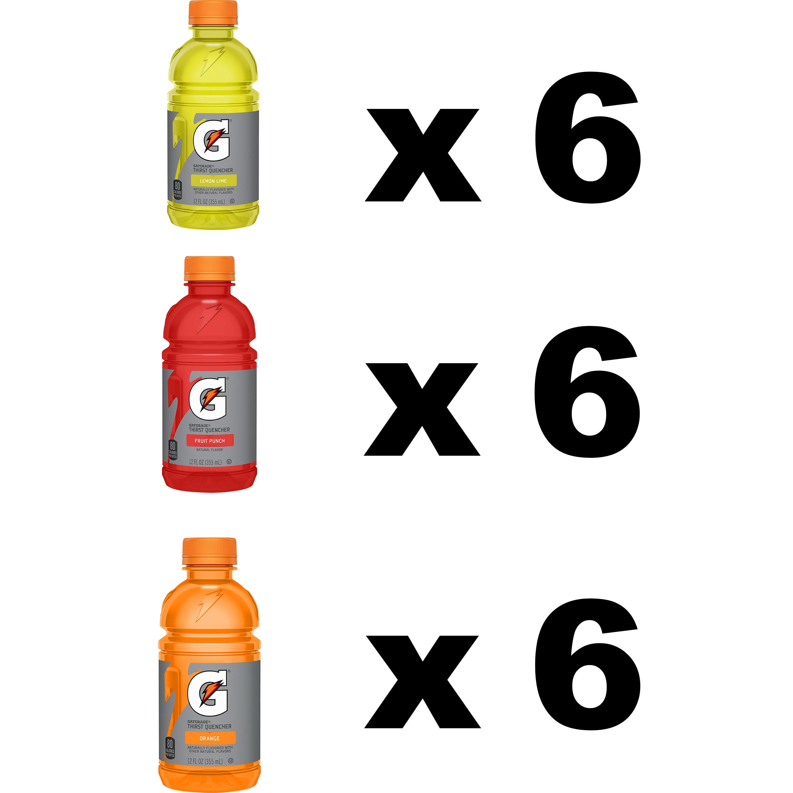 Gatorade Sports Drinks, Lemon Lime/Orange/Fruit Punch Variety Pack, 12 fl oz, 18 Count Bottles