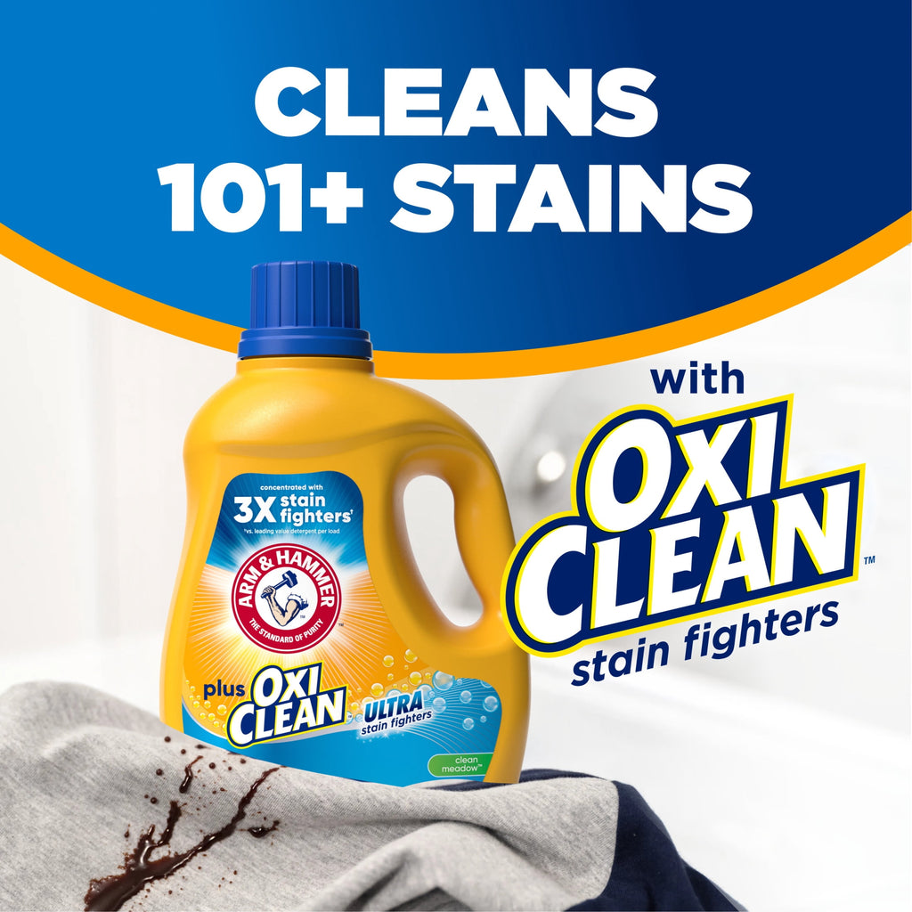 ARM & HAMMER Plus OxiClean Ultra Stain Fighters Liquid Laundry Detergent, Stain Remover for Clothes, Clean Meadow, 74 Loads, 96.2 fl oz