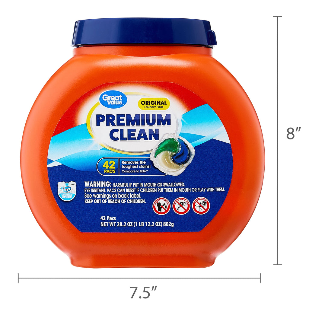 Great Value Premium Clean Laundry Pacs, Original Scent, 42 Count