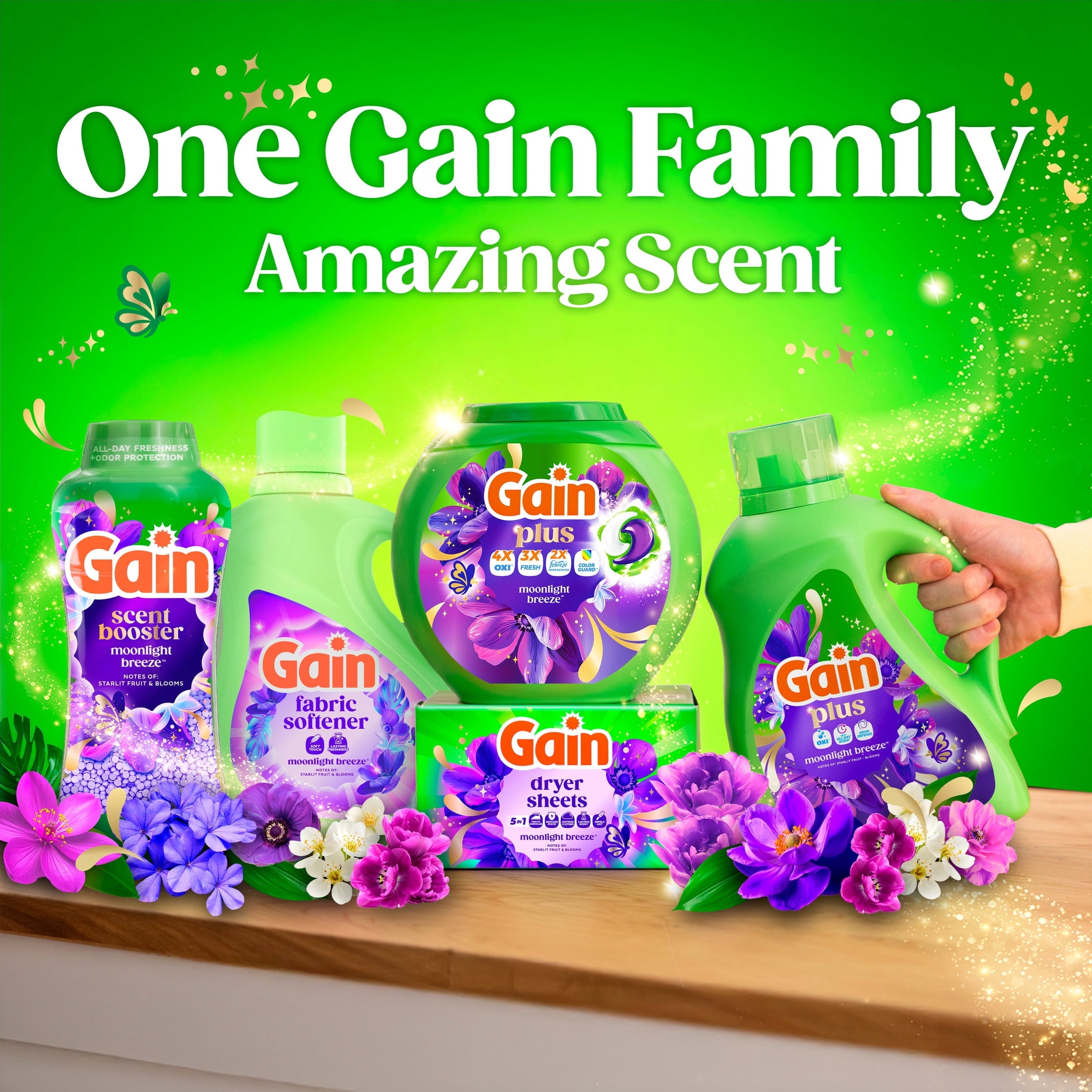 Gain Plus Flings Laundry Detergent Liquid Washing Pacs, Gain's Best All-In-One Clean, Moonlight Breeze Scent, 32 Count