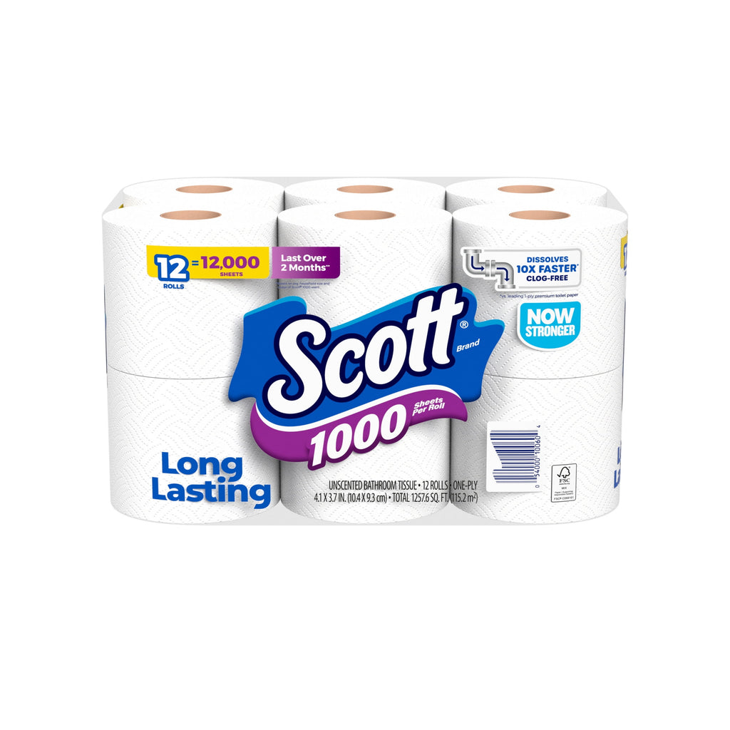Scott 1000 Toilet Paper, 12 Rolls, 1,000 Sheets per Roll