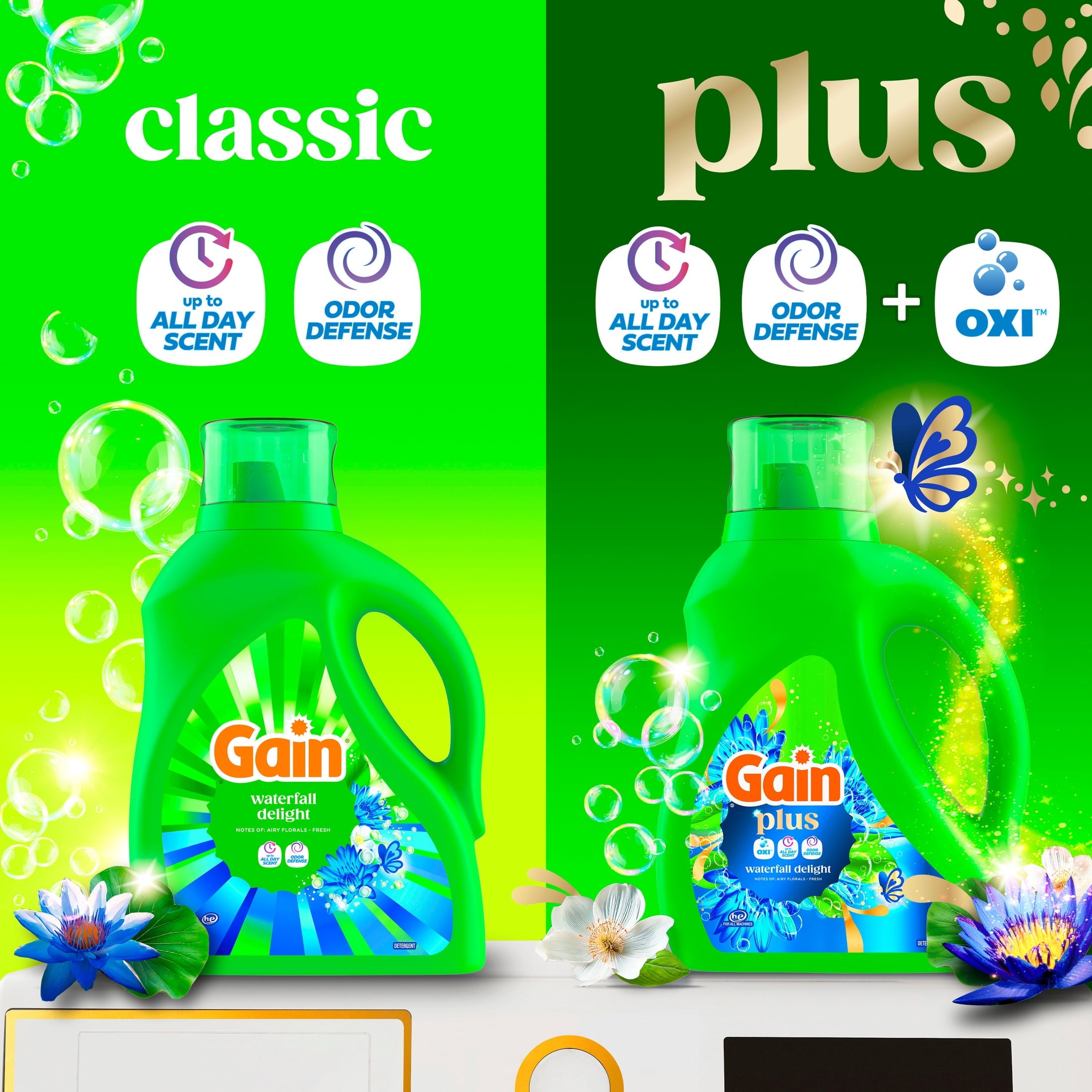 Gain Plus Laundry Detergent Liquid, Now with Odor Defense + OXI, Waterfall Delight Scent, 60 fl oz, 45 Loads