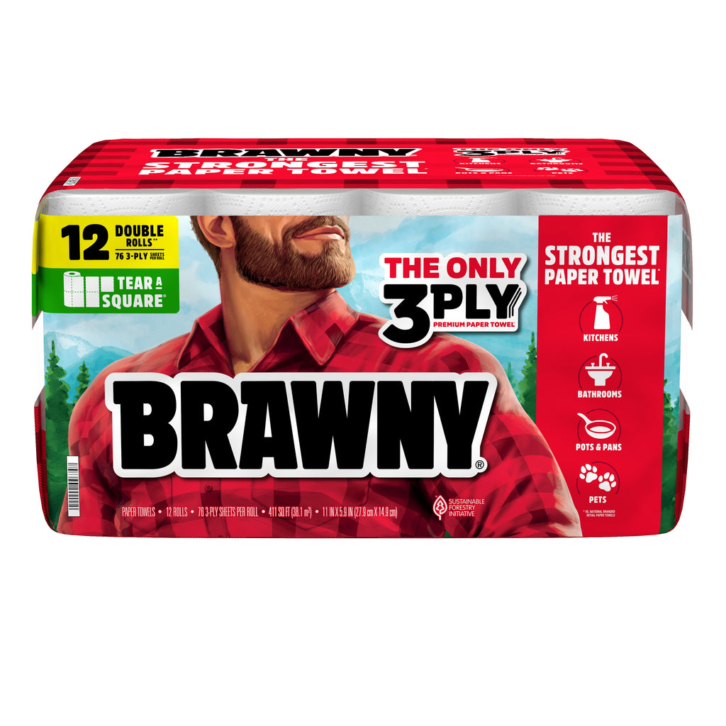 Brawny Tear-A-Square 3-Ply Paper Towels, 6 Double Rolls, 76 Sheets per Roll