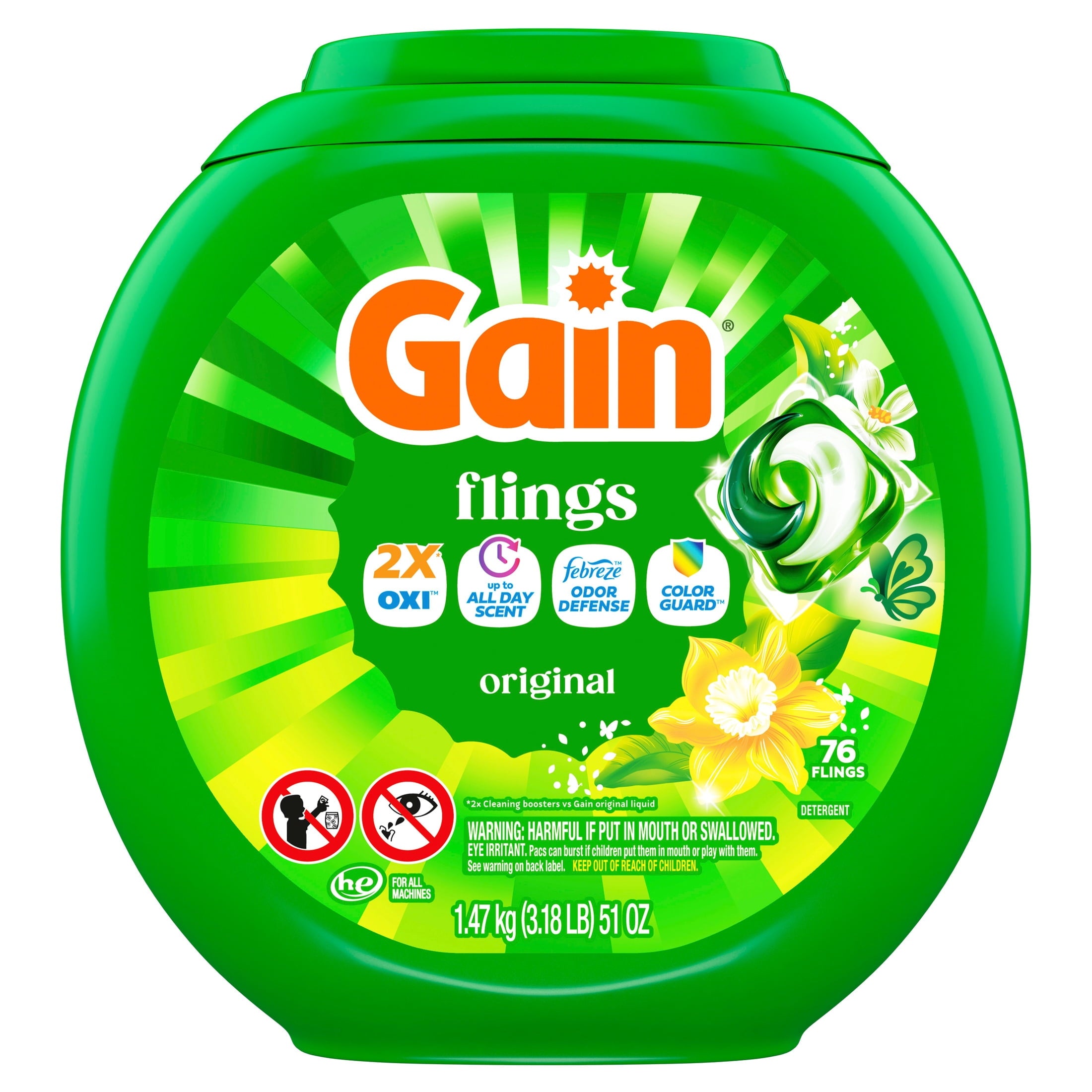 Gain Flings Laundry Detergent Soap Pacs, 3-in-1 Oxi Boost and Febreze, Original Scent, 76 Count