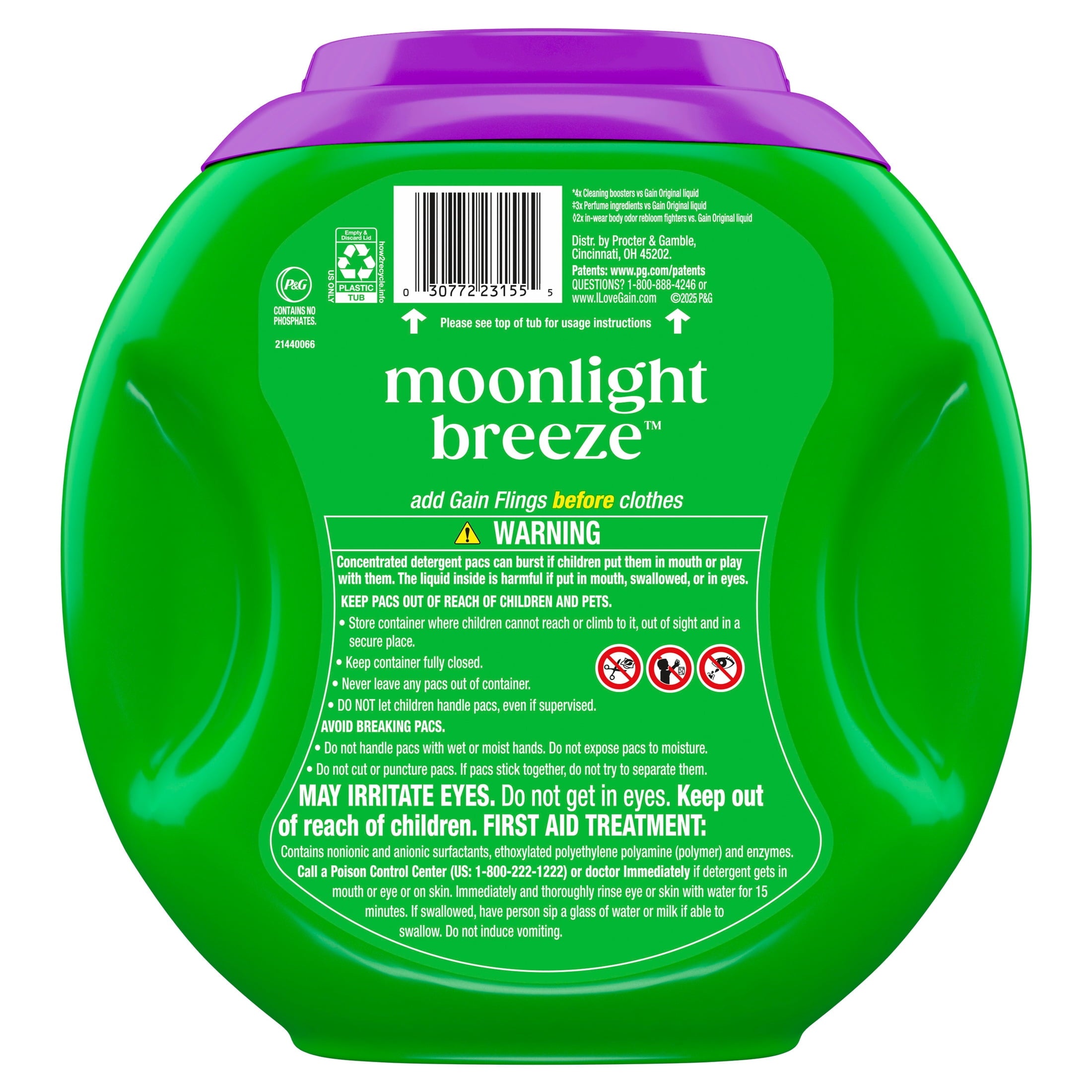 Gain Plus Flings Laundry Detergent Liquid Washing Pacs, Gain's Best All-In-One Clean, Moonlight Breeze Scent, 32 Count