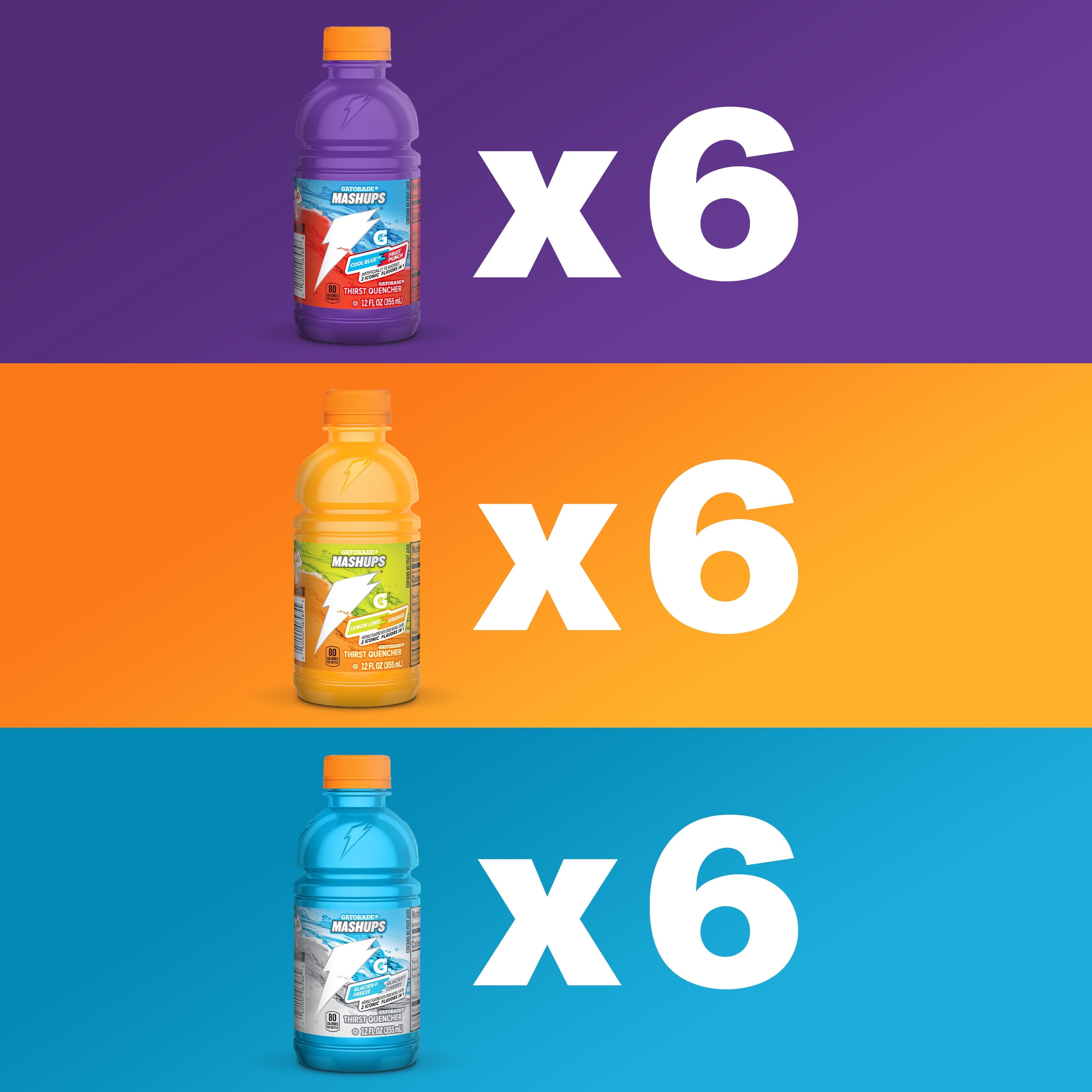 Gatorade Sports Drinks, Lemon Lime/Orange/Fruit Punch Variety Pack, 12 fl oz, 18 Count Bottles