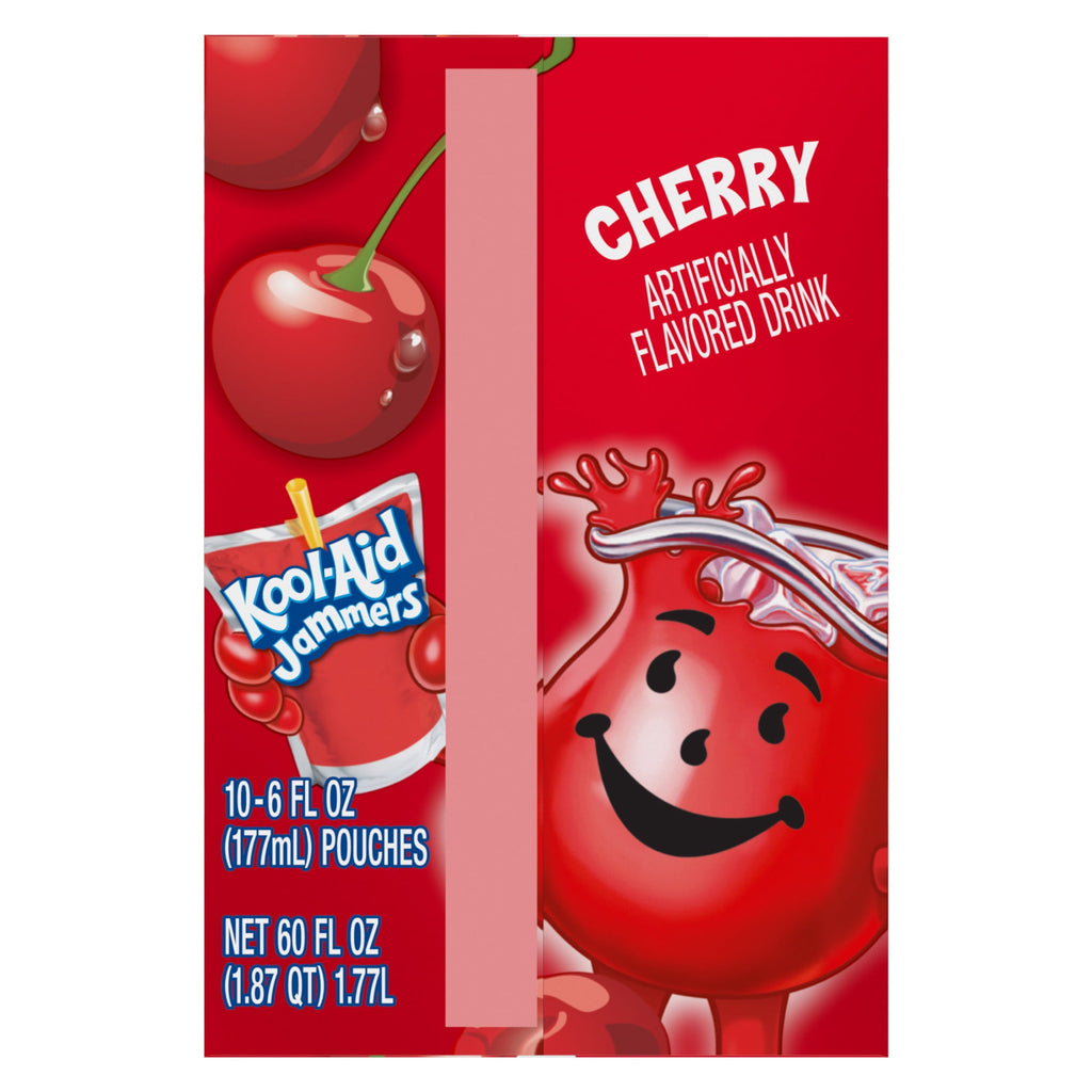 Kool-Aid Jammers Artificially Flavored Drink, 10 Pouches, for School Lunches and On-the-Go Hydration, Cherry Flavor, Excellent Source of Vitamin C, 6 fl oz