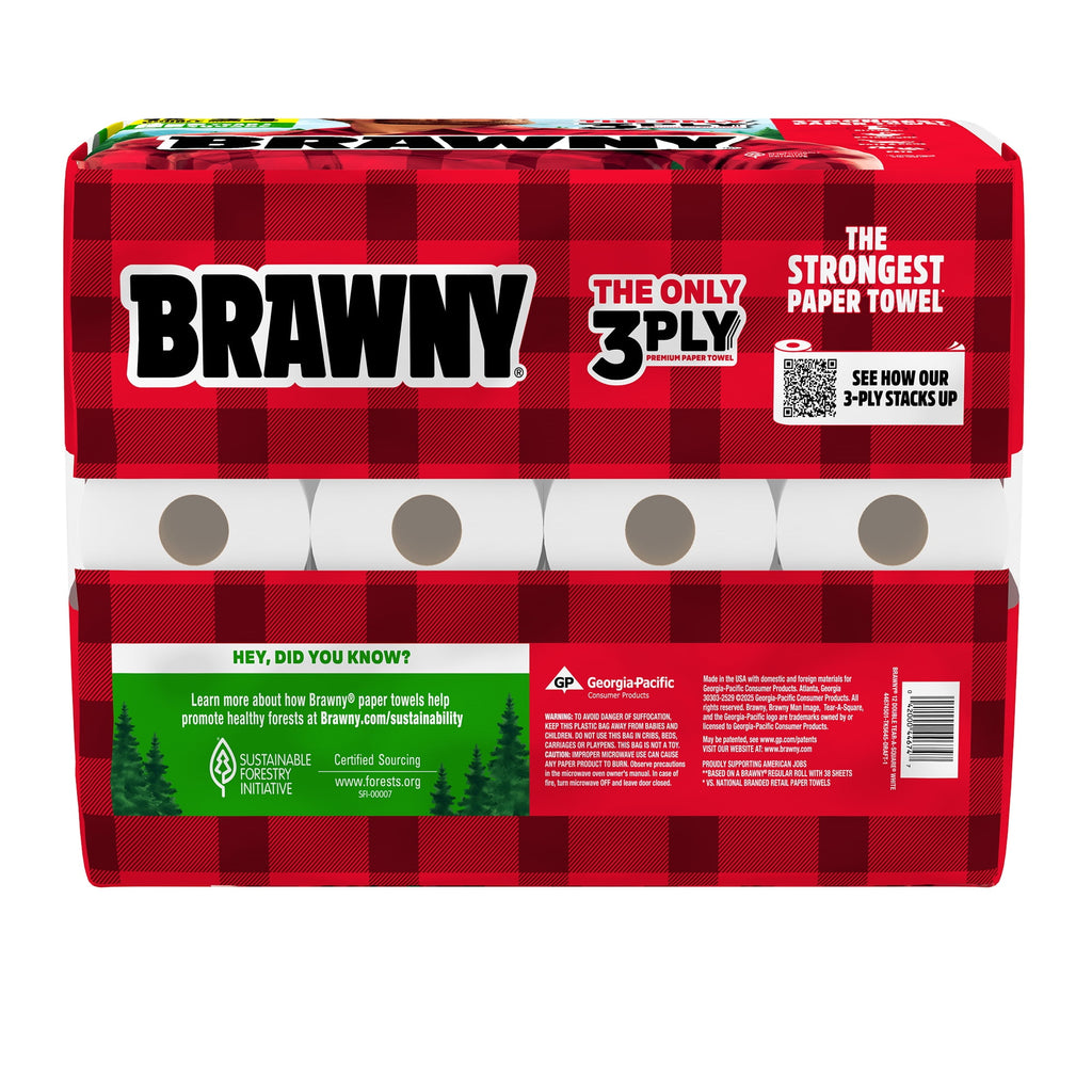 Brawny Tear-A-Square 3-Ply Paper Towels, 6 Double Rolls, 76 Sheets per Roll
