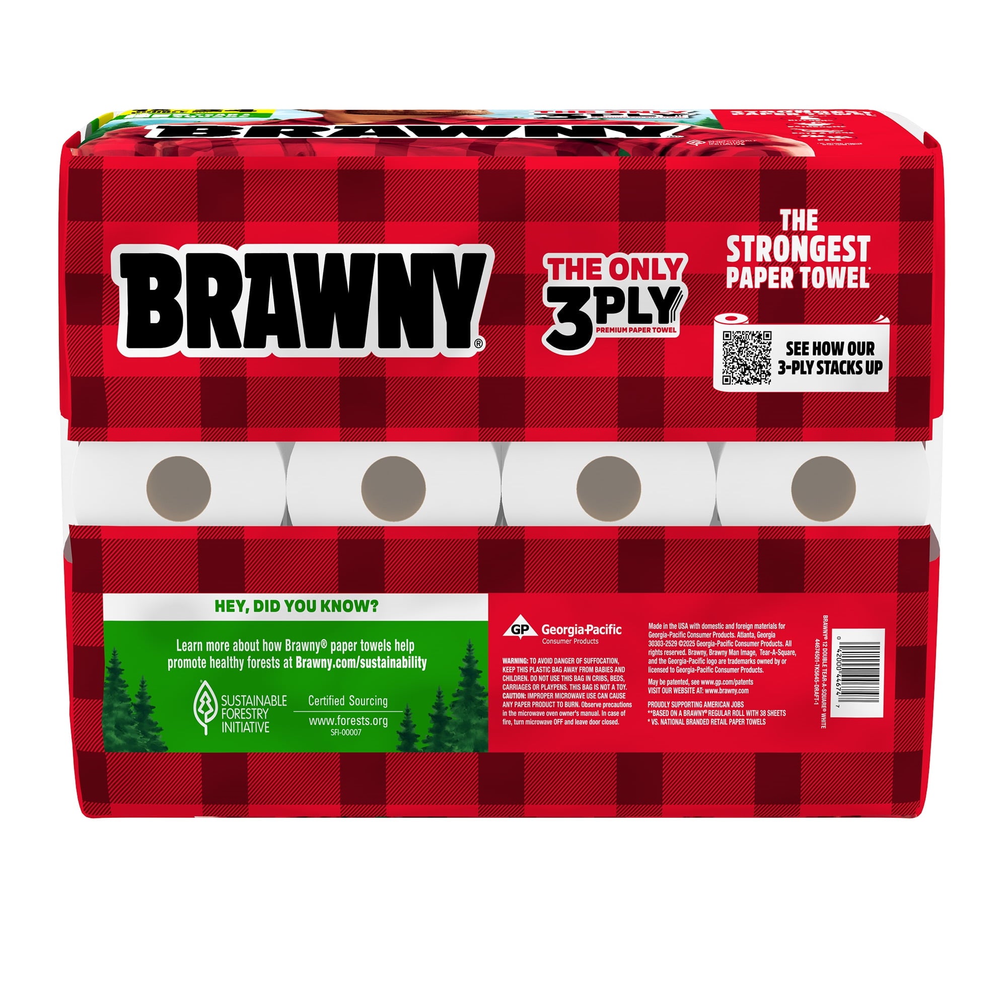 Brawny Tear-A-Square 3-Ply Paper Towels, 6 Double Rolls, 76 Sheets per Roll